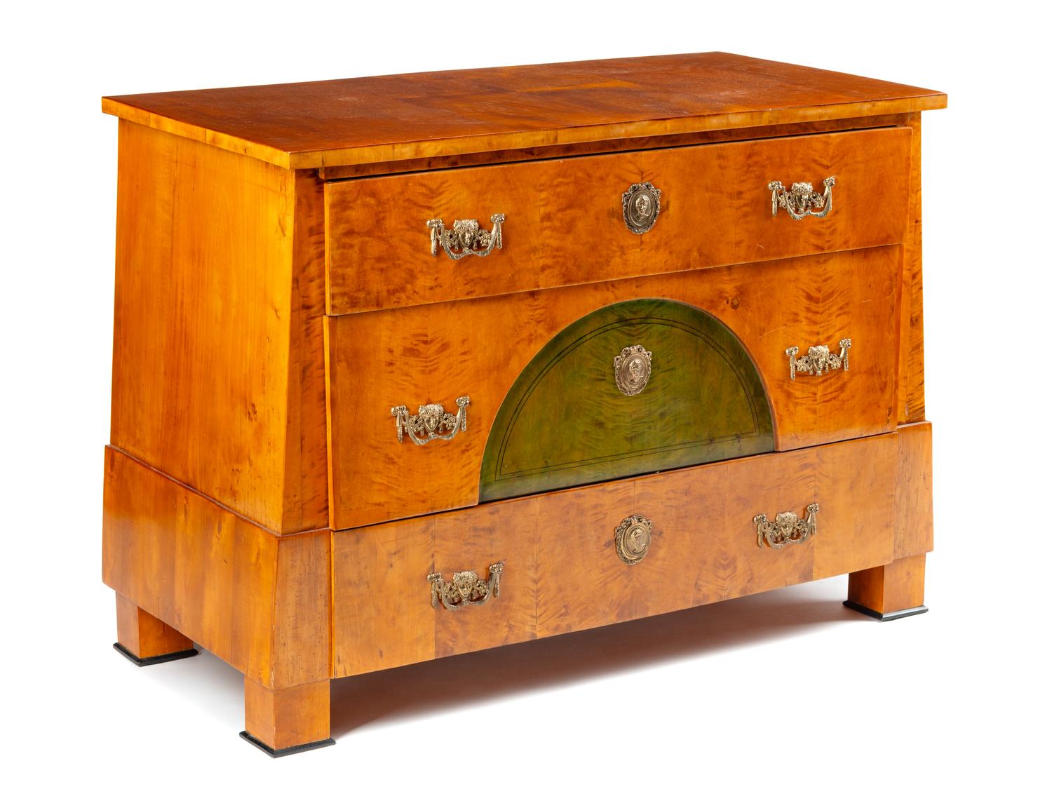 A Baltic Neoclassical Gilt Metal Mounted and Part Green-Stained Birch Commode