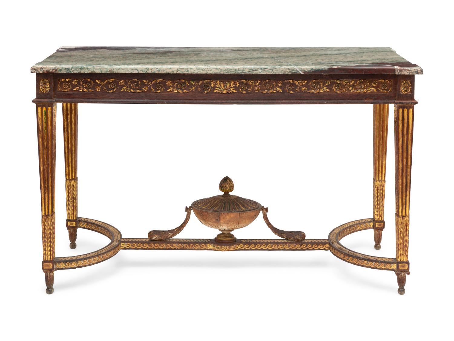 A Louis XVI Style Parcel-Gilt Oak and Marble Top Console Table