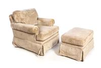 A Velvet Upholstered Club Chair and Ottoman Height of club chair 31 1/8 x width 35 x depth 34 inches.
