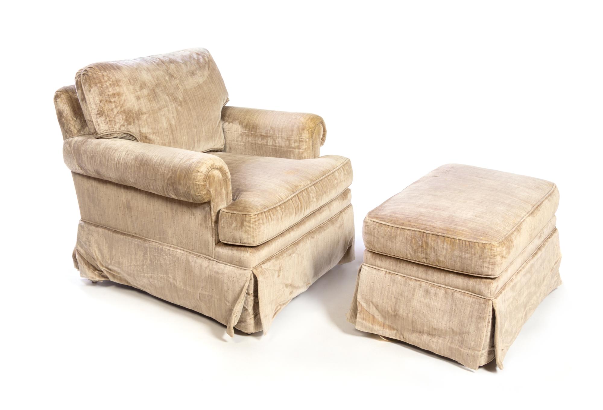 A Velvet Upholstered Club Chair and Ottoman Height of club chair 31 1/8 x width 35 x depth 34 inches.