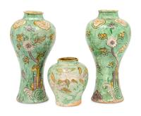 Three Chinese Yellow, Green and Purple Glazed Stoneware Articles