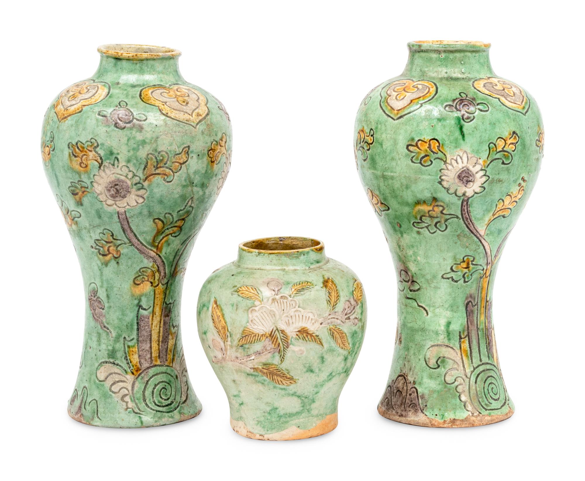 Three Chinese Yellow, Green and Purple Glazed Stoneware Articles