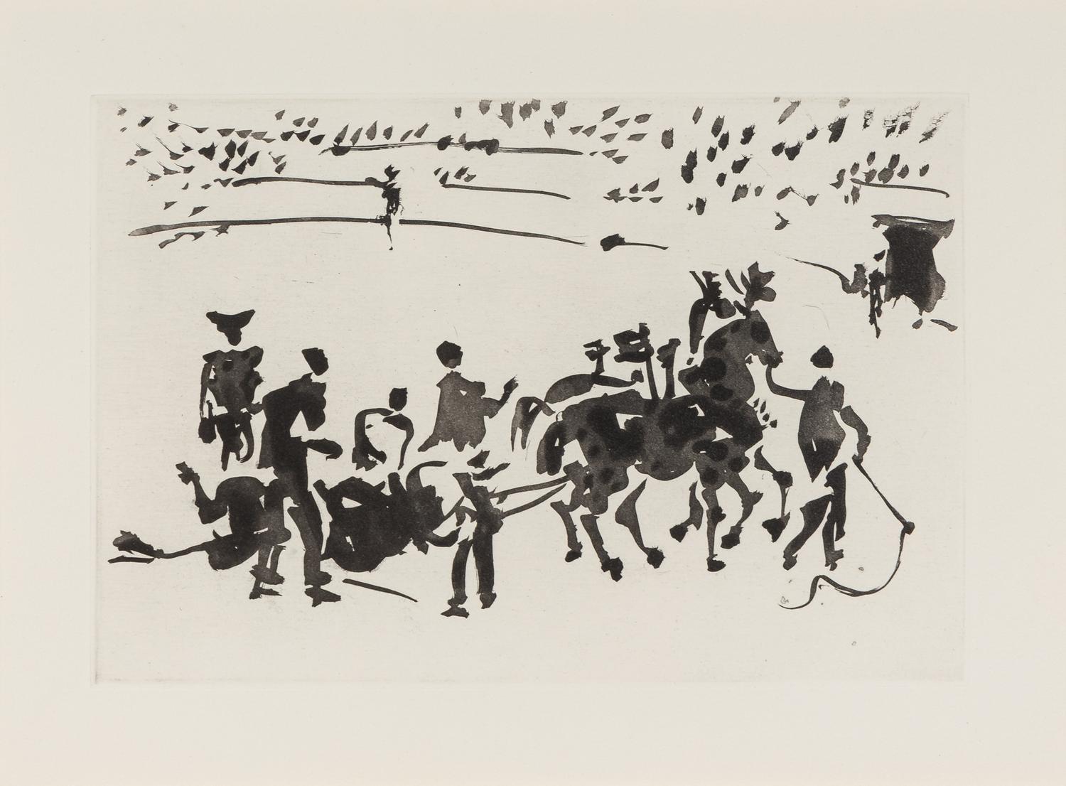 A pair of prints ( El Arrastre ; Los Cabestros retiran al Toro Manso ) from ' José Delgado: La Tauromaquia ', 1957