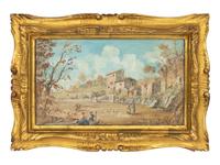 View of a Village with Travelers Chatting