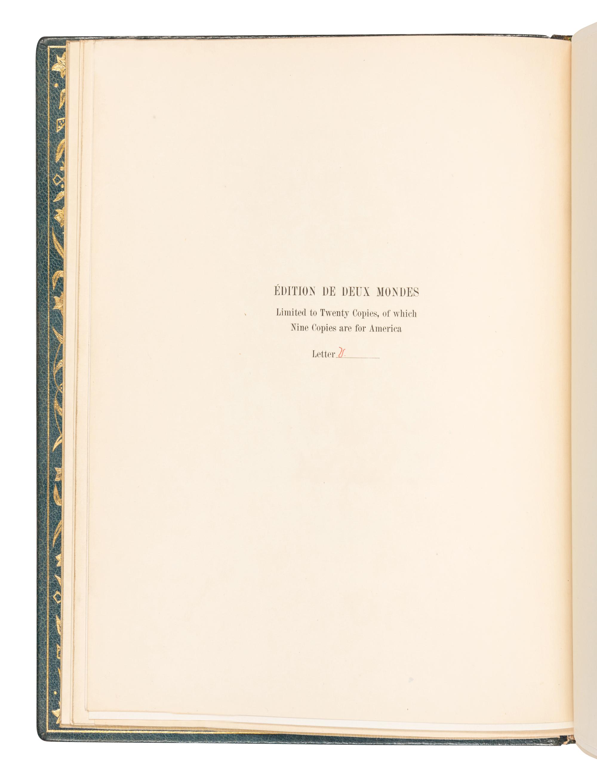 [BINDINGS]. -- [SOCIÉTÉ DES BEAUX ARTS]. BOURGET, Paul (1852-1935). Pastels . -- DE MUSSET, Paul de (1804-1880). The Last Abbé. -- FLAUBERT, Gustave (1821-1880). A Simple Heart . -- Hérodias . -- GAUTIER, Théophile (1811-1872). King Candaules . -- Jean and Jeannette . -- A Night of Cleopatra . -- LONGUS. Daphnis and Chloe . -- SHAKESPEARE, William (1564-1616). Romeo and Juliet . J. Wagrez and Louis Titz, illustrators. -- Antony and Cleopatra . Paris: Société des Beaux Arts, n.d.