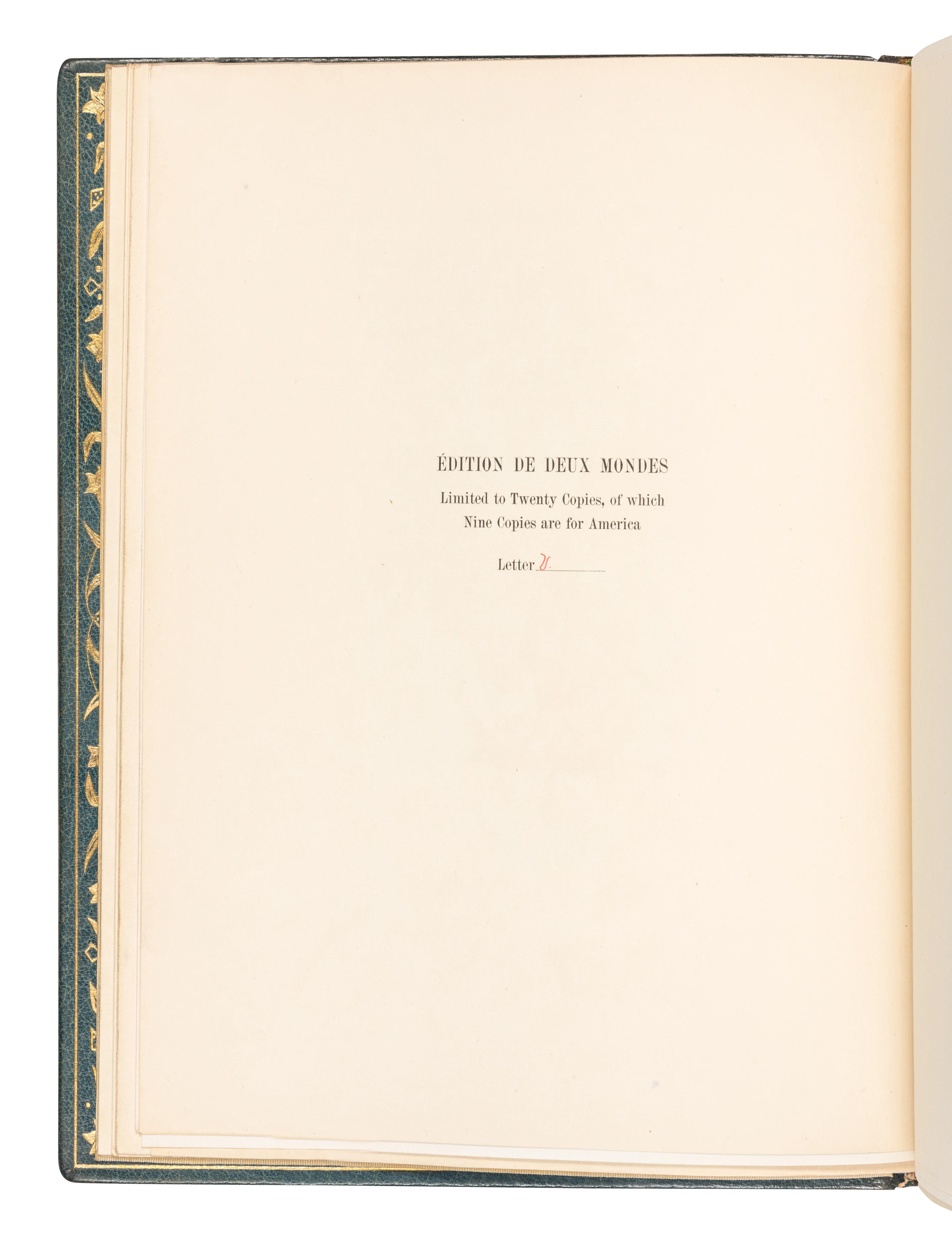 [BINDINGS]. -- [SOCIÉTÉ DES BEAUX ARTS]. BOURGET, Paul (1852-1935). Pastels . -- DE MUSSET, Paul de (1804-1880). The Last Abbé. -- FLAUBERT, Gustave (1821-1880). A Simple Heart . -- Hérodias . -- GAUTIER, Théophile (1811-1872). King Candaules . -- Jean and Jeannette . -- A Night of Cleopatra . -- LONGUS. Daphnis and Chloe . -- SHAKESPEARE, William (1564-1616). Romeo and Juliet . J. Wagrez and Louis Titz, illustrators. -- Antony and Cleopatra . Paris: Société des Beaux Arts, n.d.