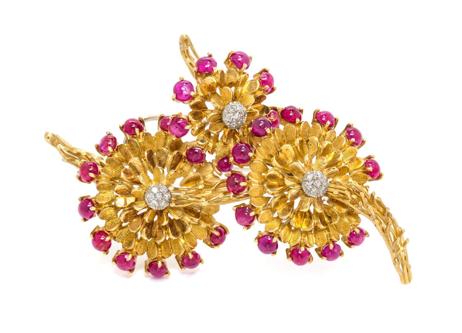 An 18 Karat Yellow Gold, Ruby and Diamond Flower Brooch, Shreve & Co., 13.90 dwts.