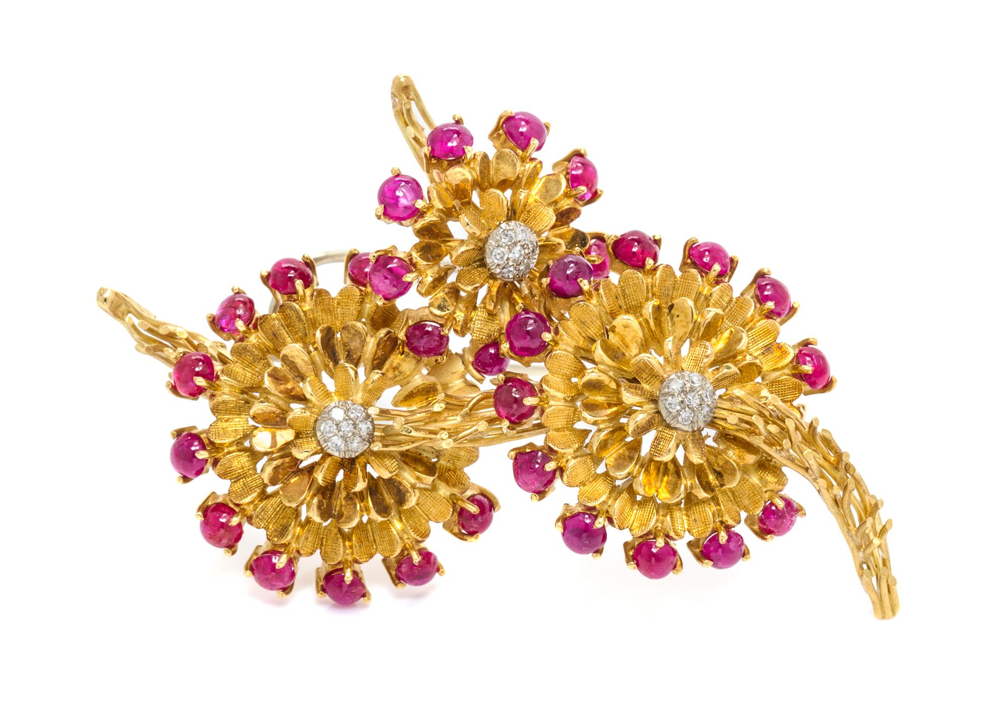 An 18 Karat Yellow Gold, Ruby and Diamond Flower Brooch, Shreve & Co., 13.90 dwts.