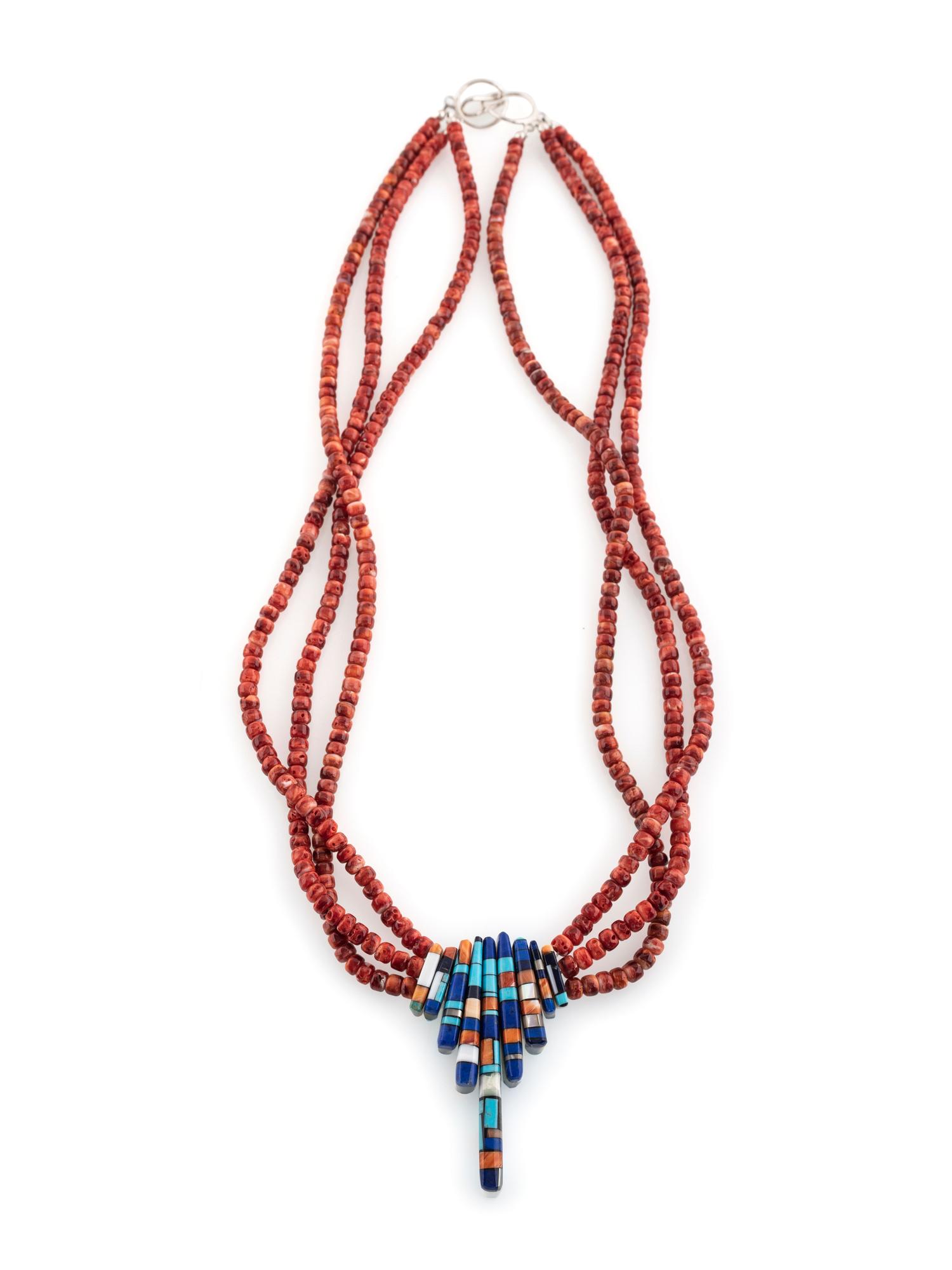 Multi-Strand Spiny Oyster Necklace, with Mosaic Inlay Pendant