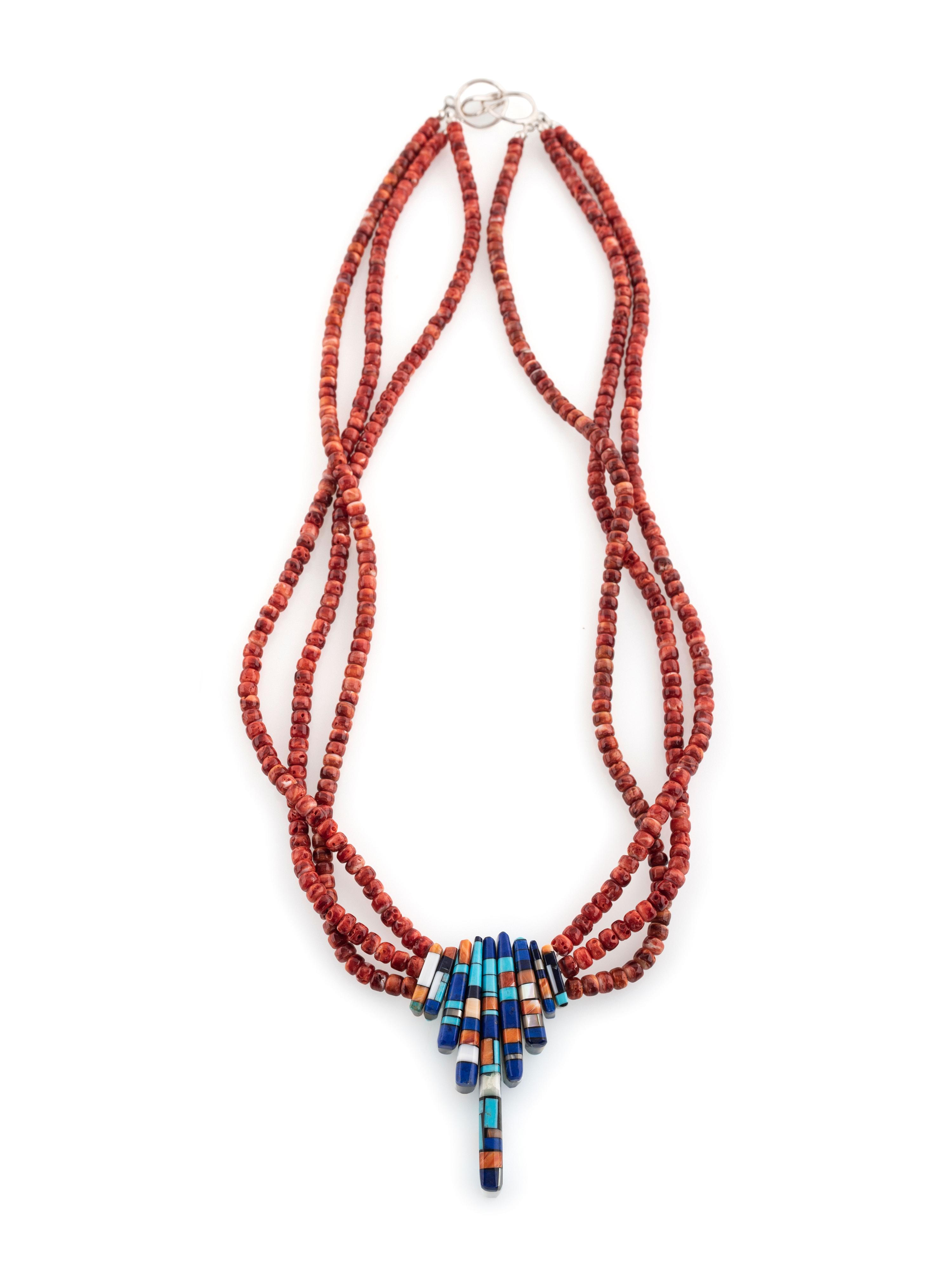 Multi-Strand Spiny Oyster Necklace, with Mosaic Inlay Pendant