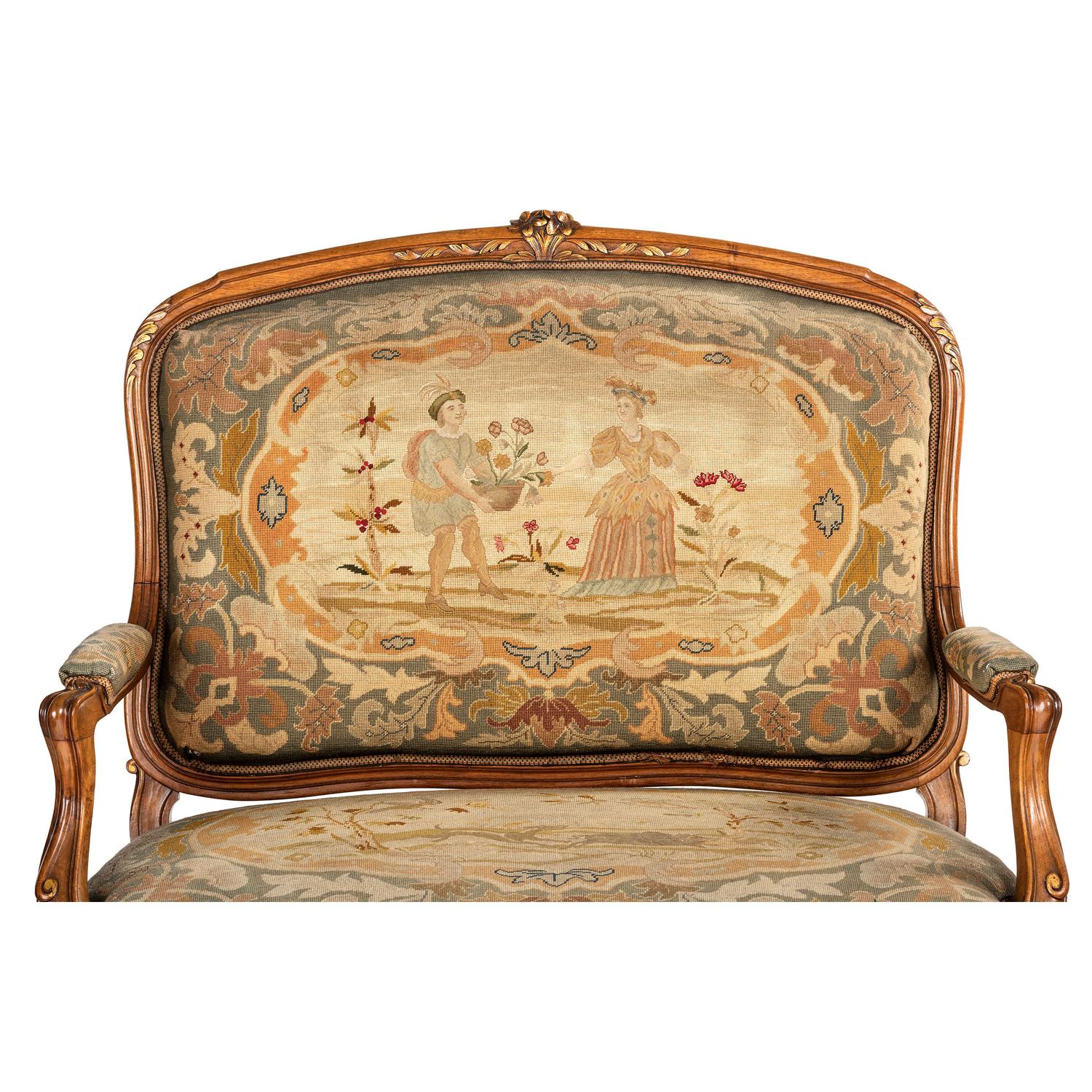 A Suite of Louis XV-Style Carved Walnut Needlework Upholstered Seating Furniture