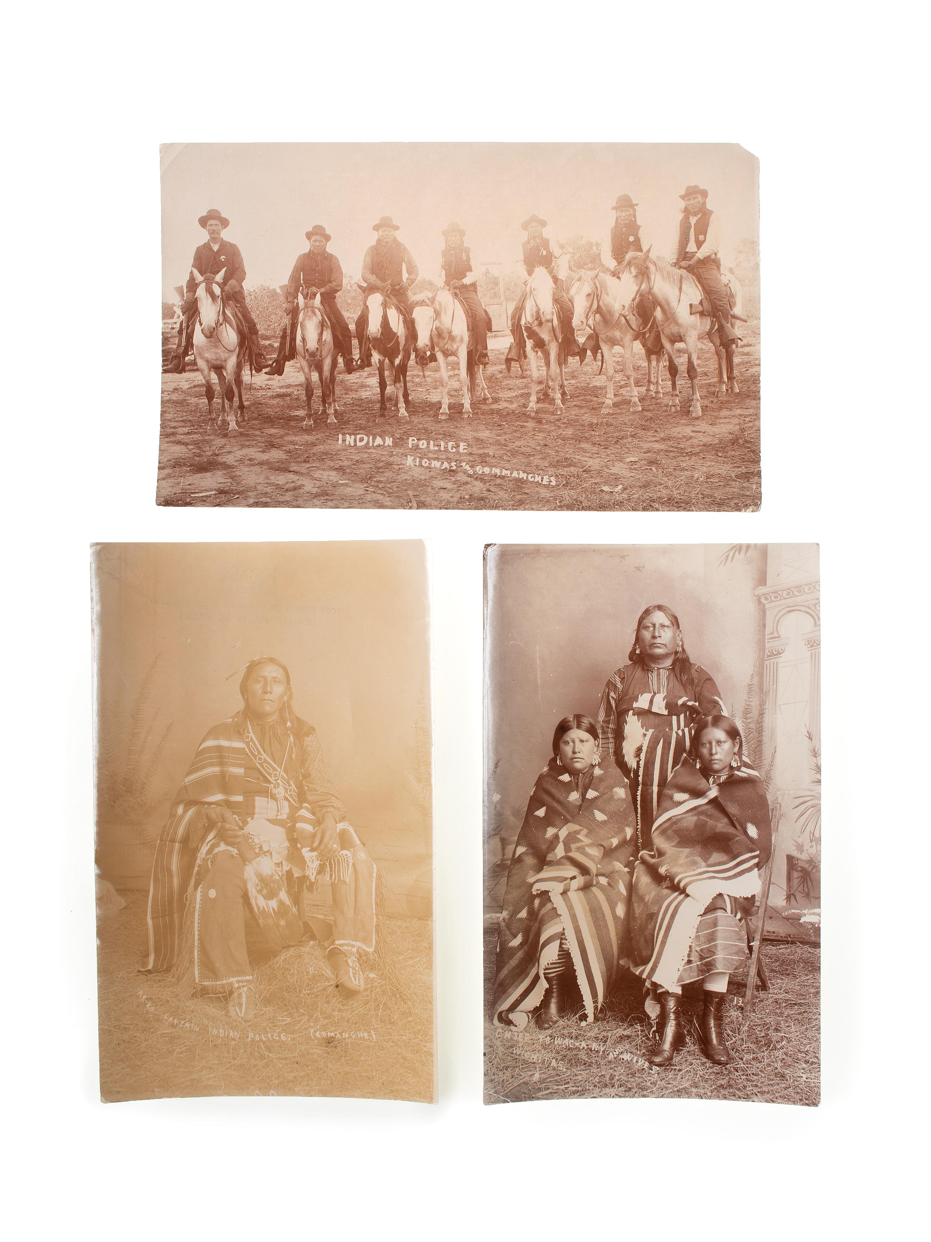 [NATIVE AMERICANS]. [LENNY & SAWYERS, photographers]. A group of 3 unmounted silver gelatin photographs of Kiowa and Comanche Police. Ca 1890s.