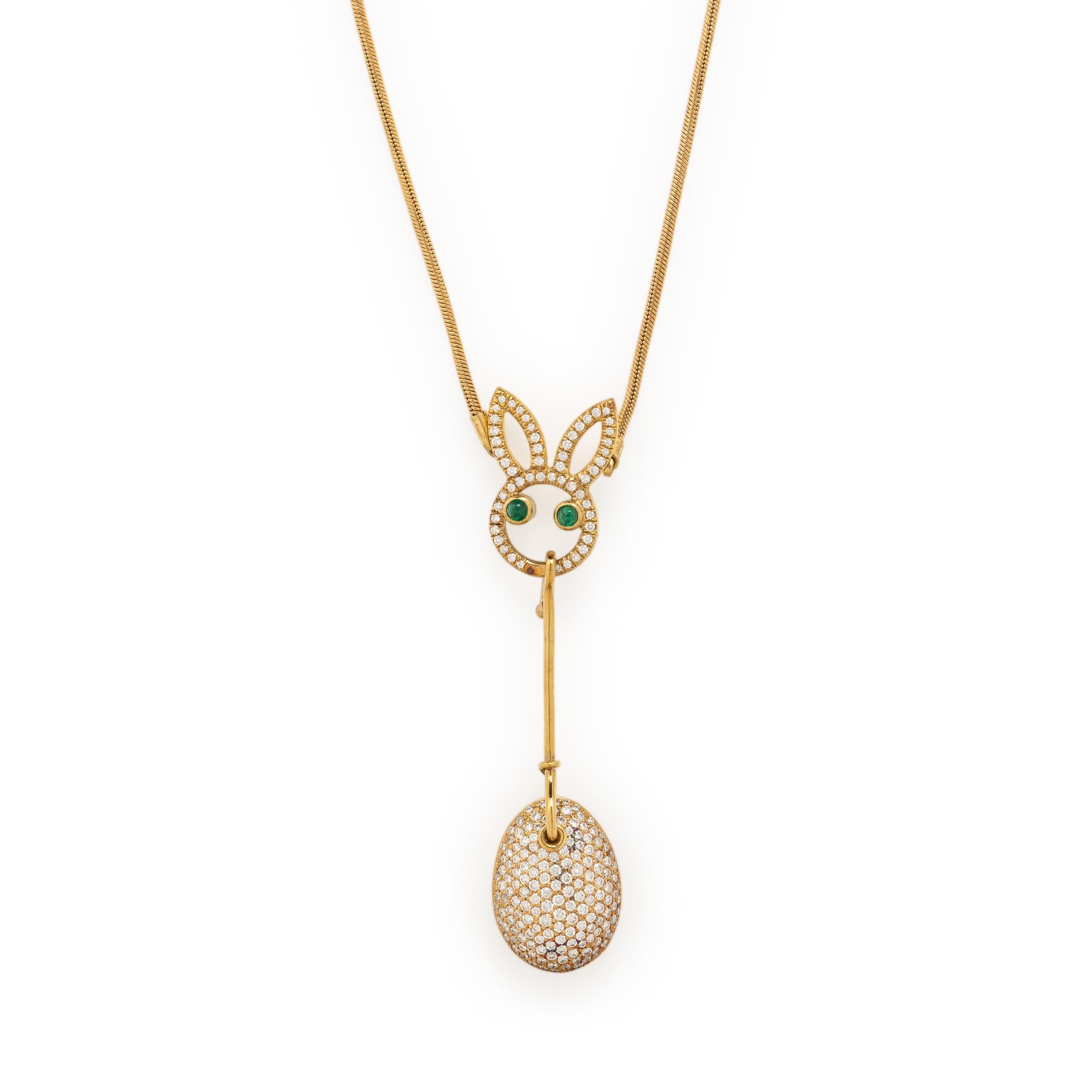 Yellow Gold, Diamond, and Emerald Bunny Necklace