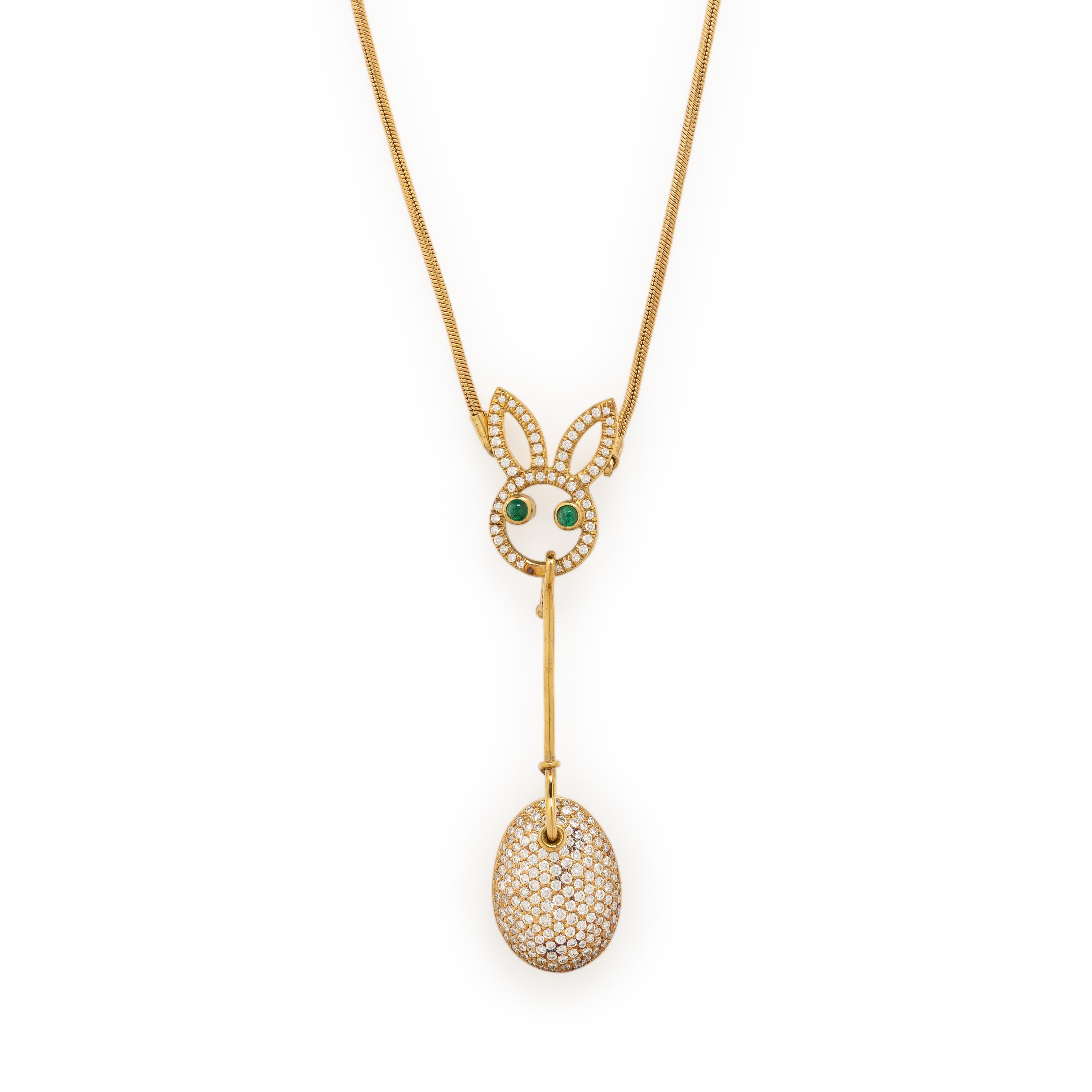 Yellow Gold, Diamond, and Emerald Bunny Necklace