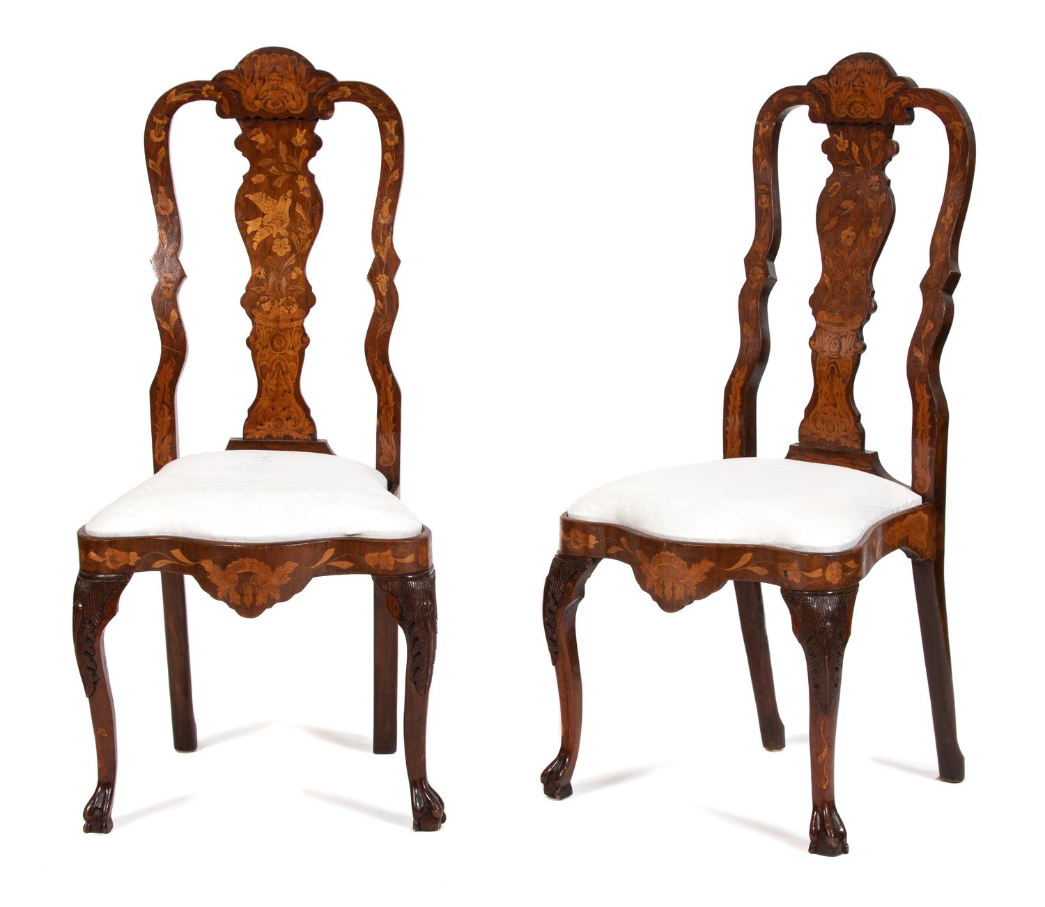 A Pair of Dutch Marquetry Inlaid Side Chairs Height 44 1/2 inches. — 19TH CENTURY