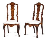 A Pair of Dutch Marquetry Inlaid Side Chairs Height 44 1/2 inches. — 19TH CENTURY