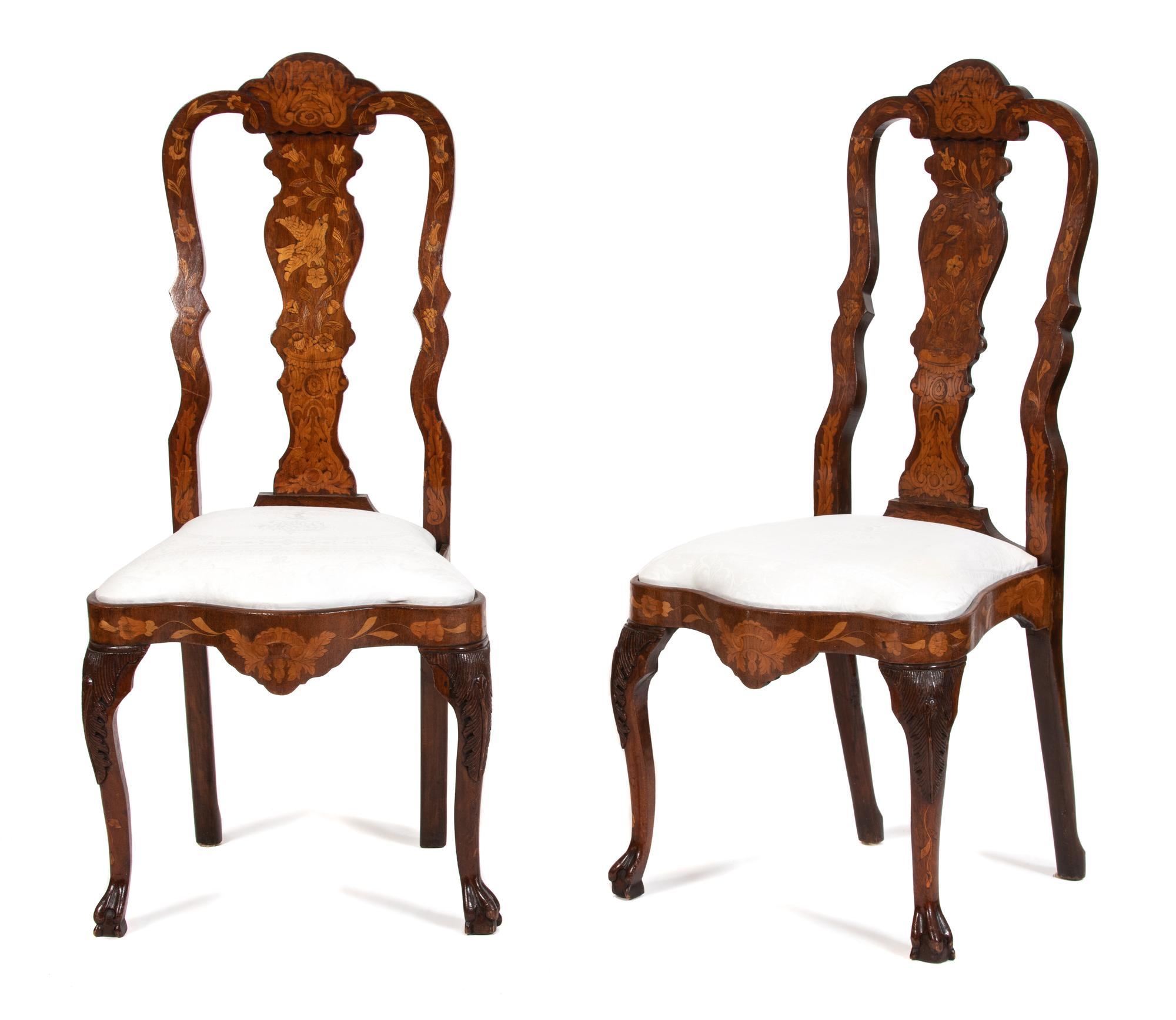 A Pair of Dutch Marquetry Inlaid Side Chairs Height 44 1/2 inches. — 19TH CENTURY