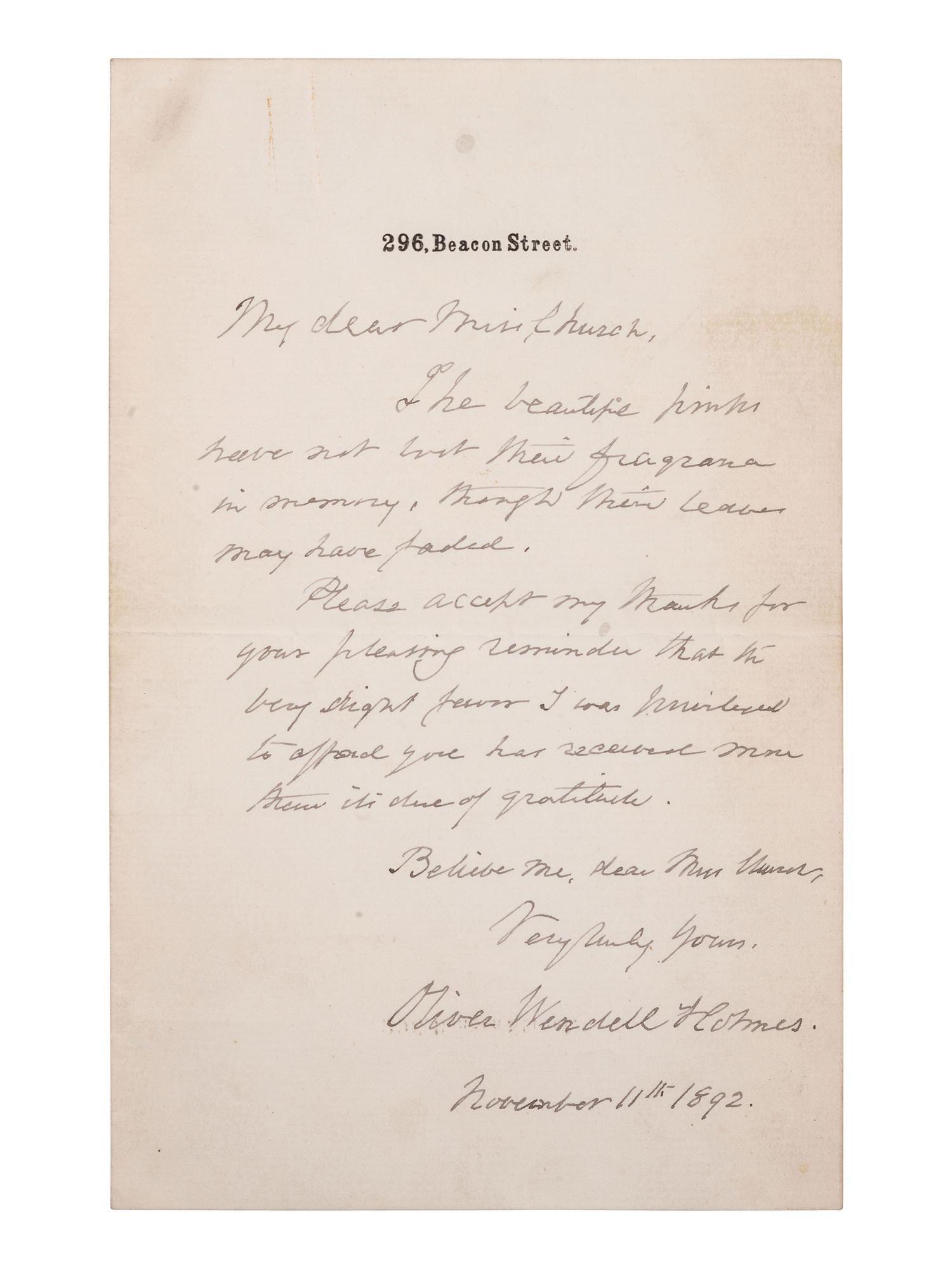 HOLMES, Oliver Wendell (1841-1935). ALS, Beacon Street, November 1892.