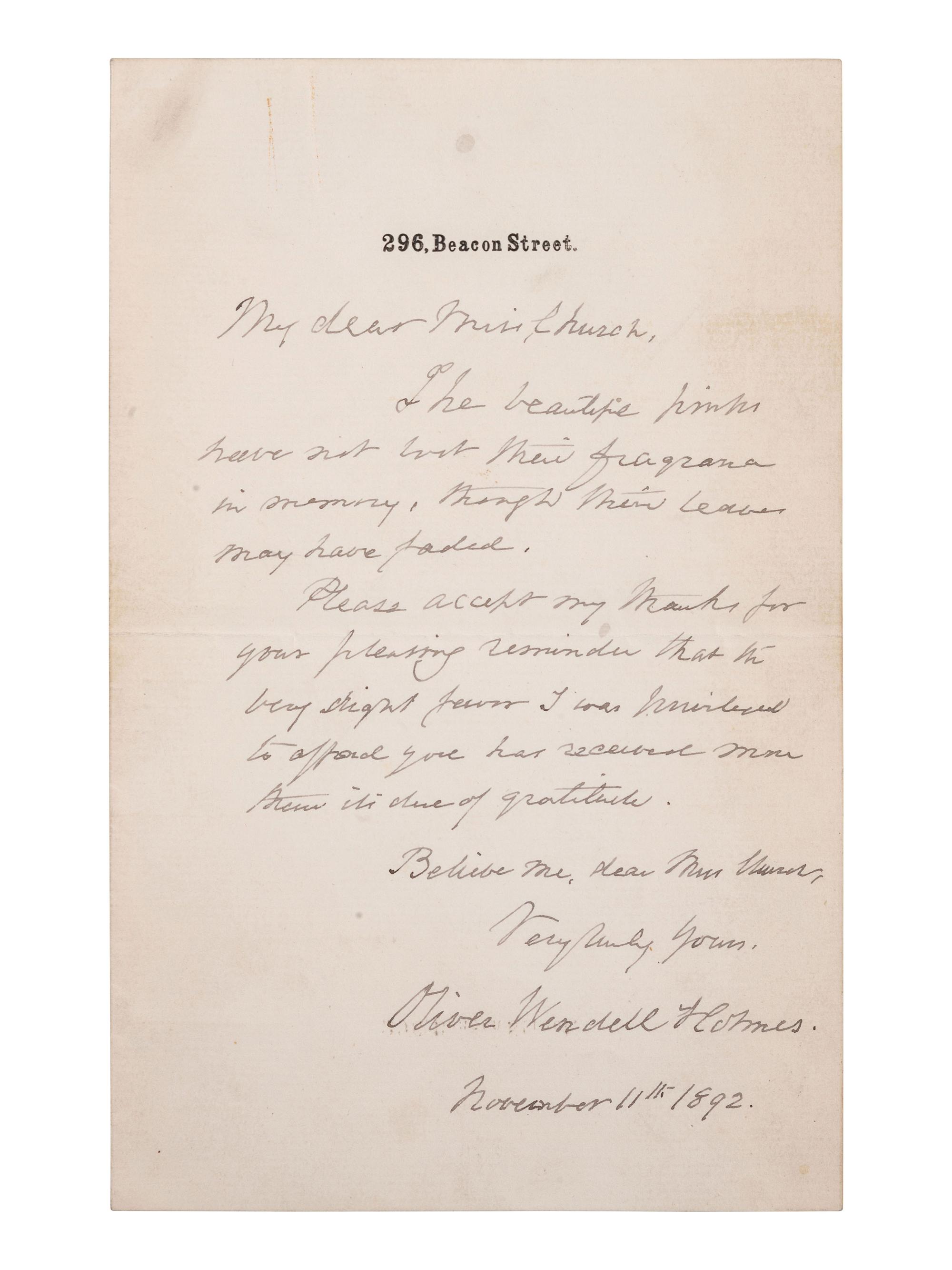 HOLMES, Oliver Wendell (1841-1935). ALS, Beacon Street, November 1892.