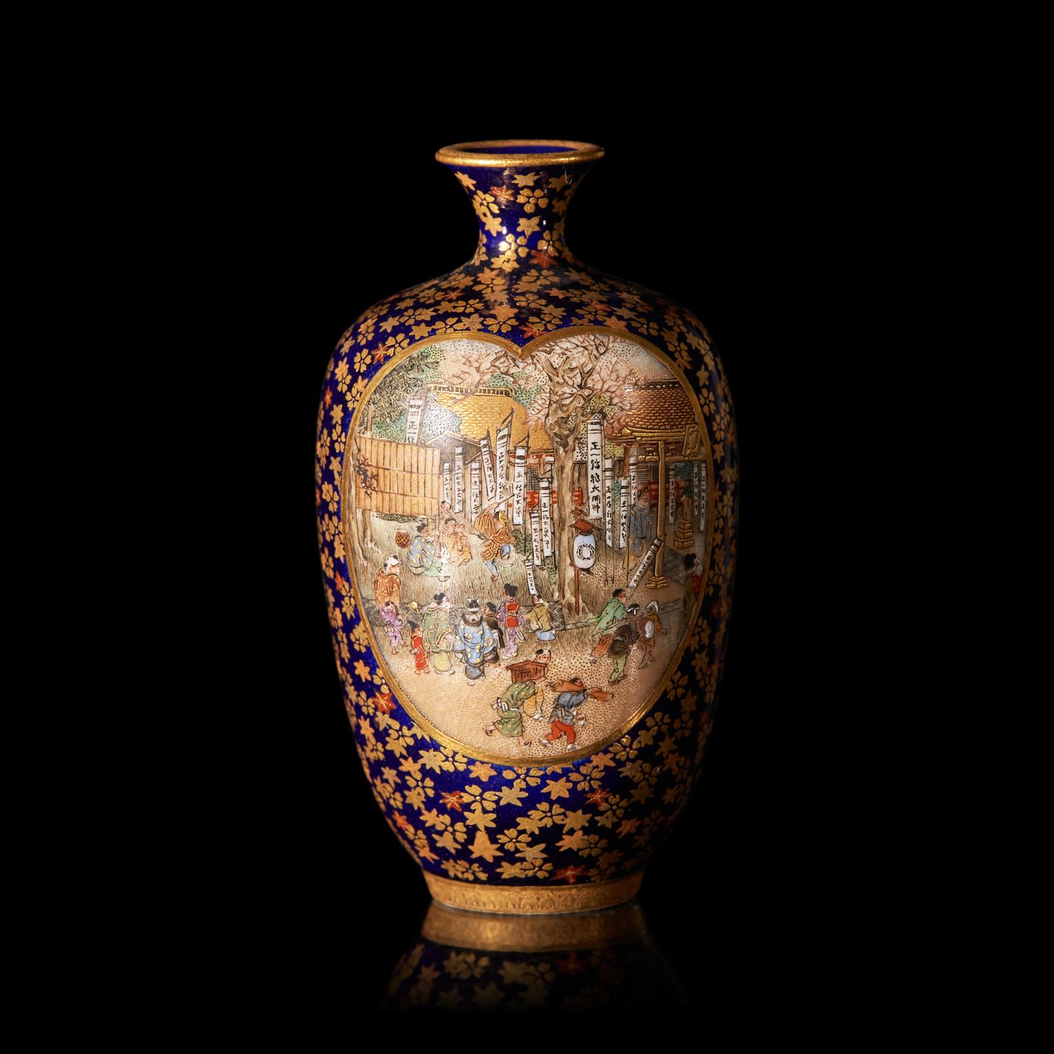 Two Japanese Enameled Satsuma-Type Cabinet Vases, Kinkozan Workshop, Meiji to Taisho period