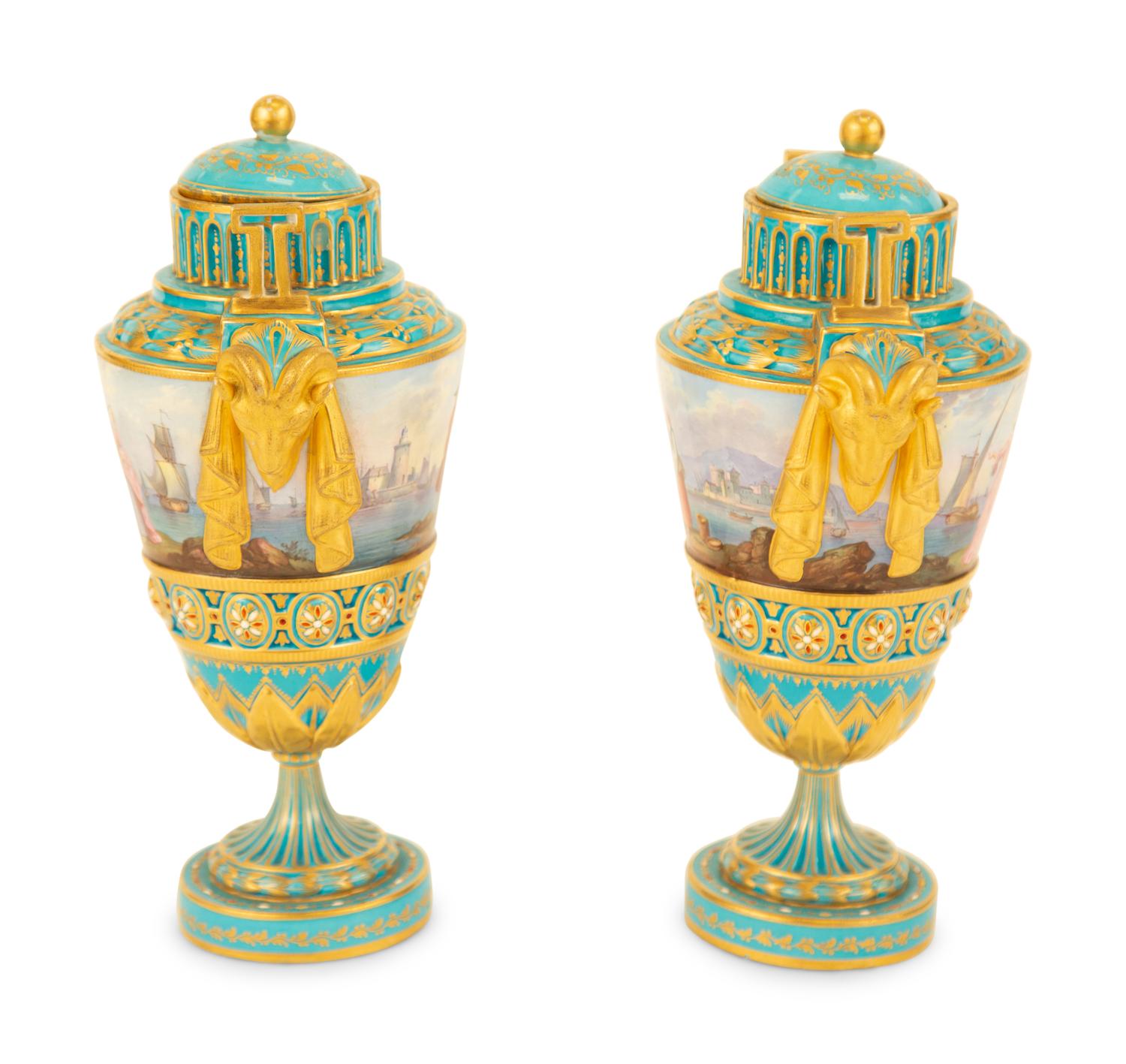 A Pair of Sèvres Style Porcelain Urns and Covers