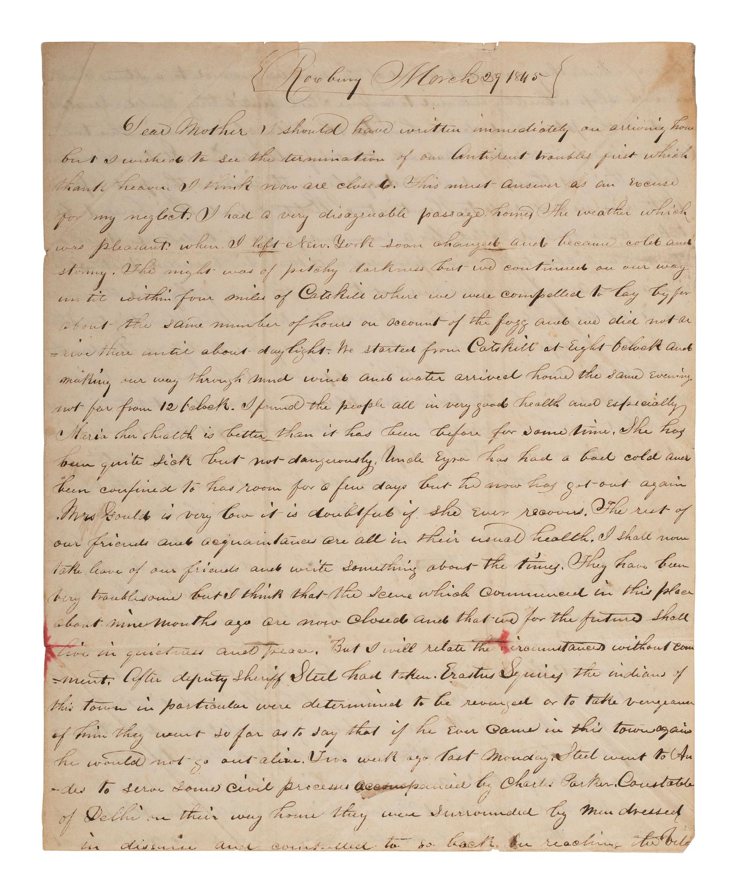 [ANTI-RENT WAR]. Letter describing activities of the "Calico Indians" and the "Anti-Rent War" in NY.