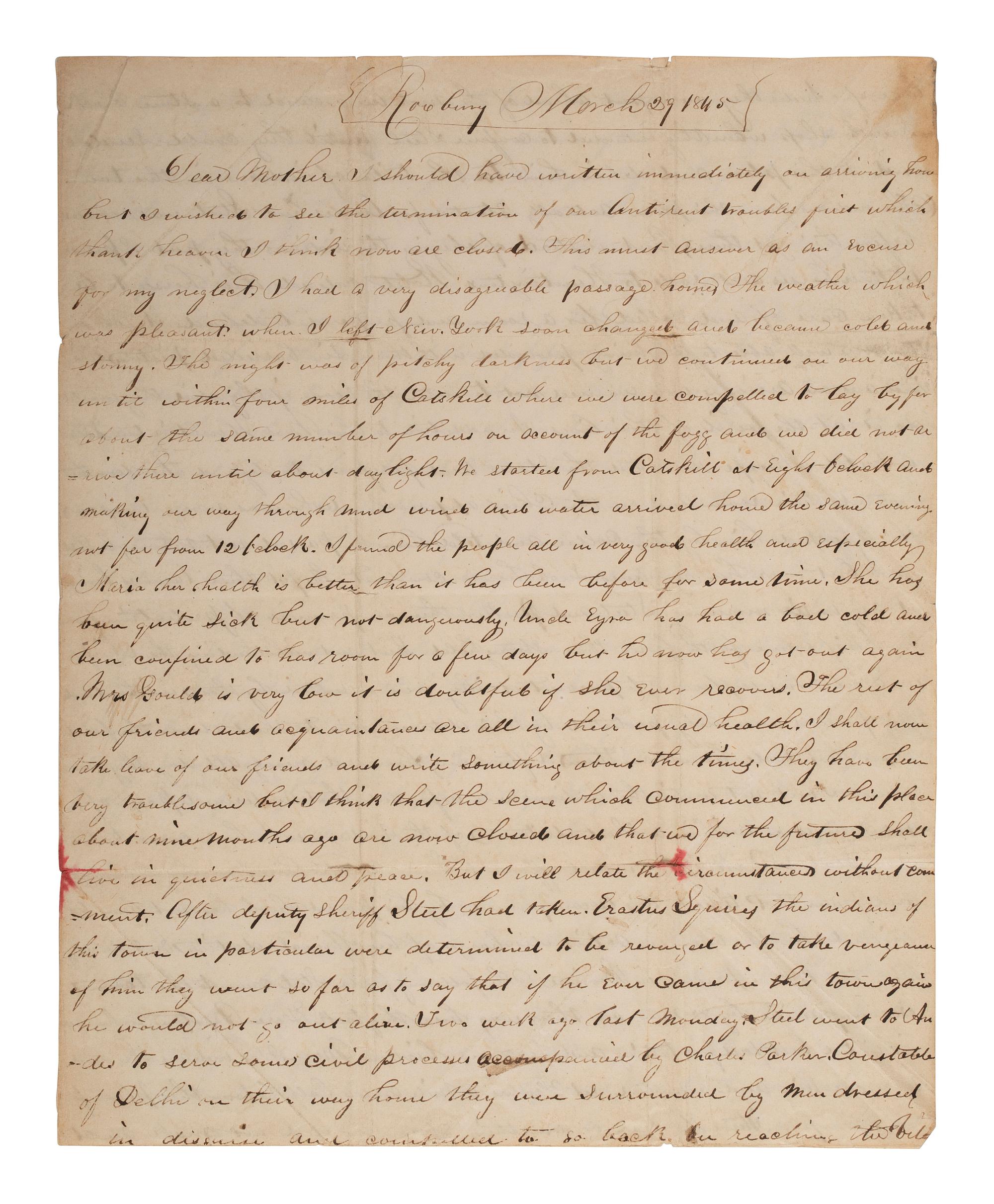 [ANTI-RENT WAR]. Letter describing activities of the "Calico Indians" and the "Anti-Rent War" in NY.