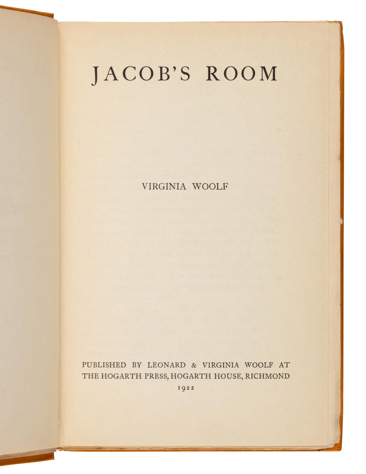 WOOLF, Virginia (1882-1941). Jacob's Room . Richmond: Leonard & Virginia Woolf at the Hogarth Press, 1922.