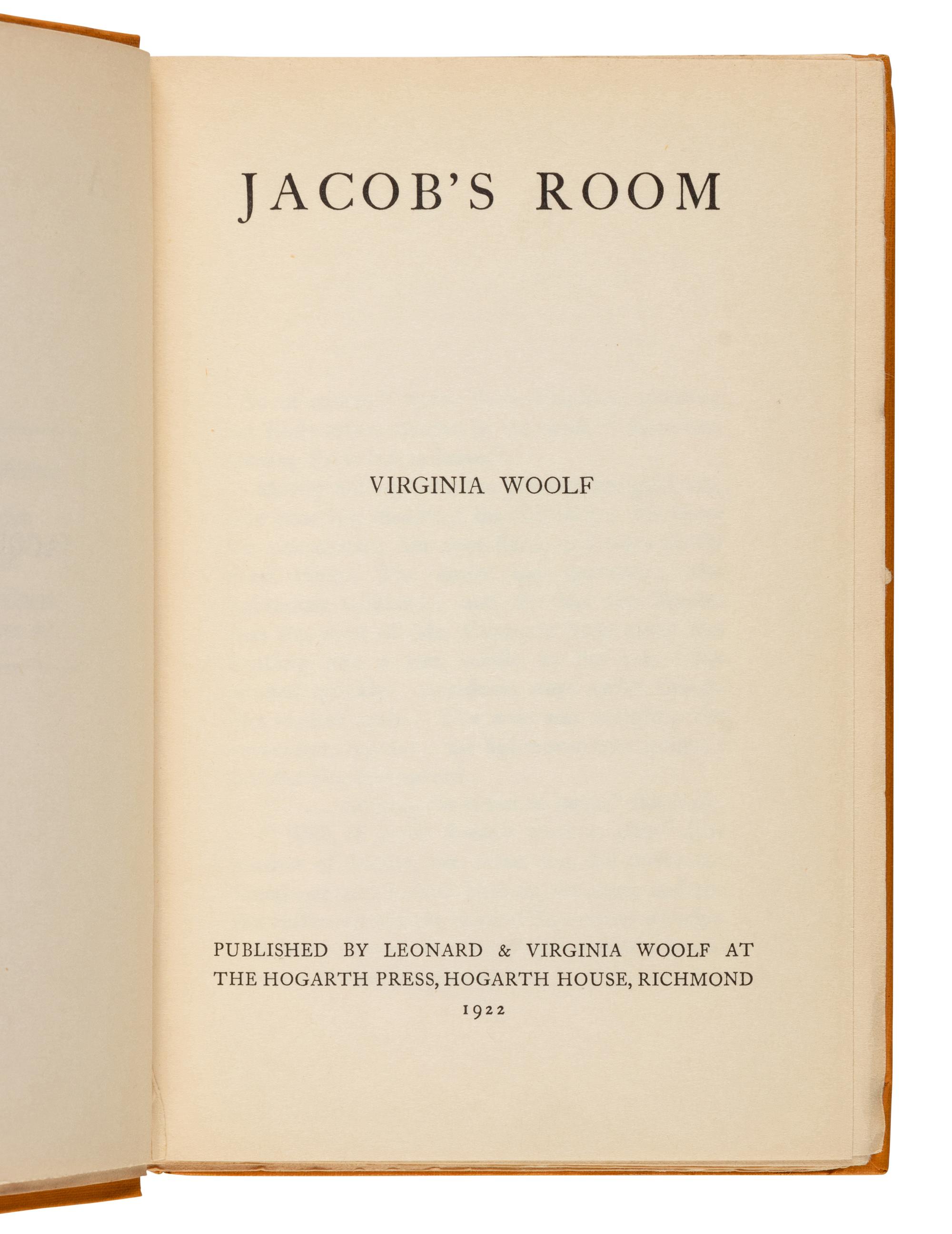 WOOLF, Virginia (1882-1941). Jacob's Room . Richmond: Leonard & Virginia Woolf at the Hogarth Press, 1922.