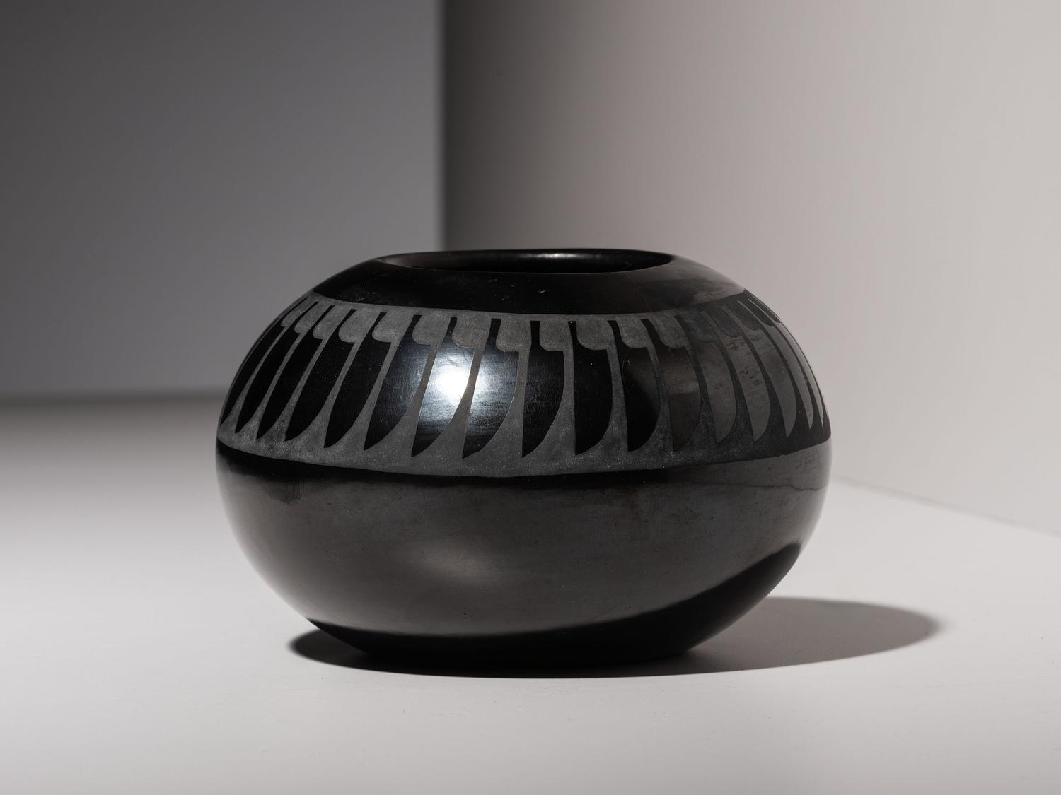 Blackware Pottery Jar, with Repeating Feathers 1943-1956
