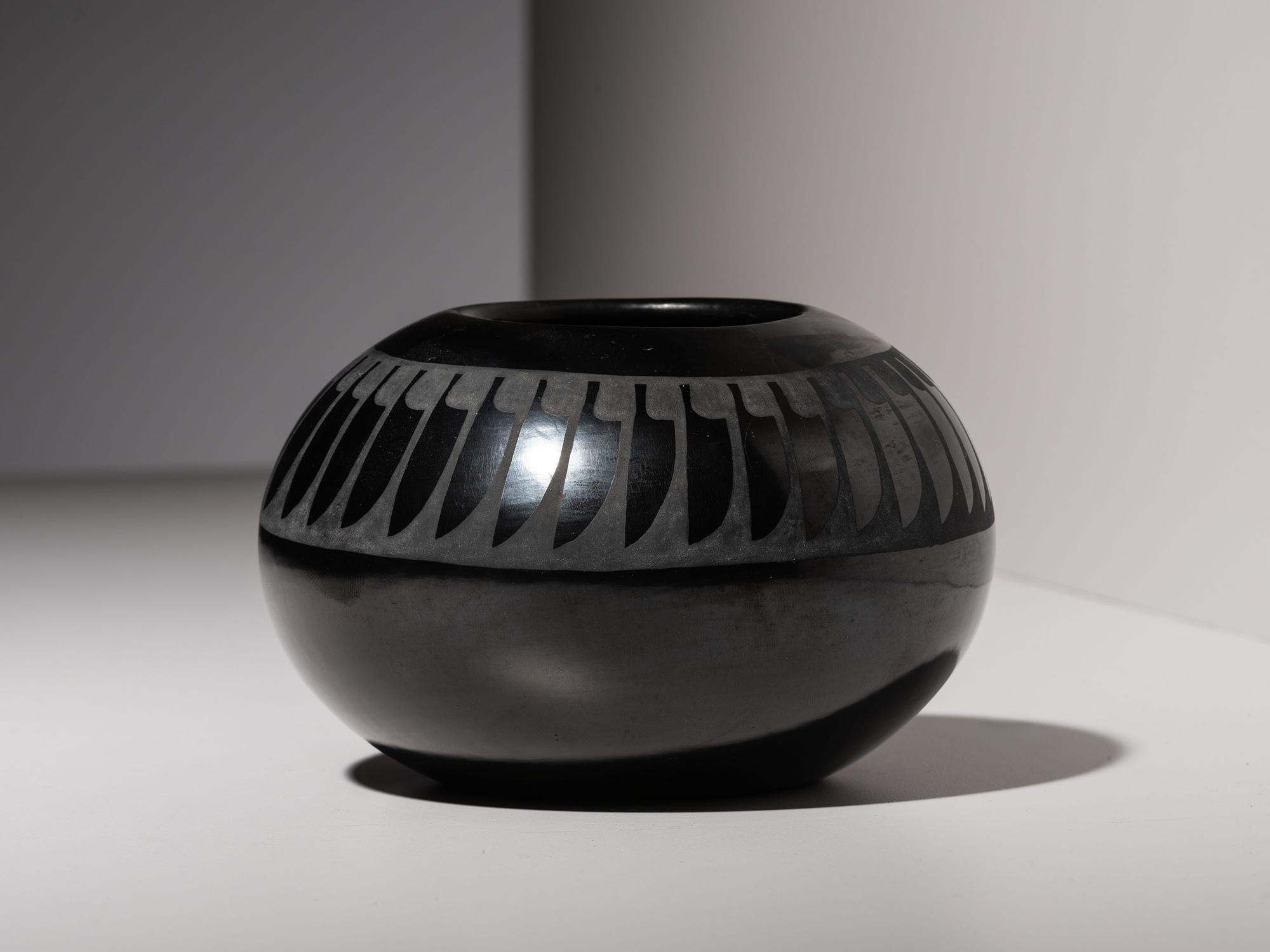 Blackware Pottery Jar, with Repeating Feathers 1943-1956