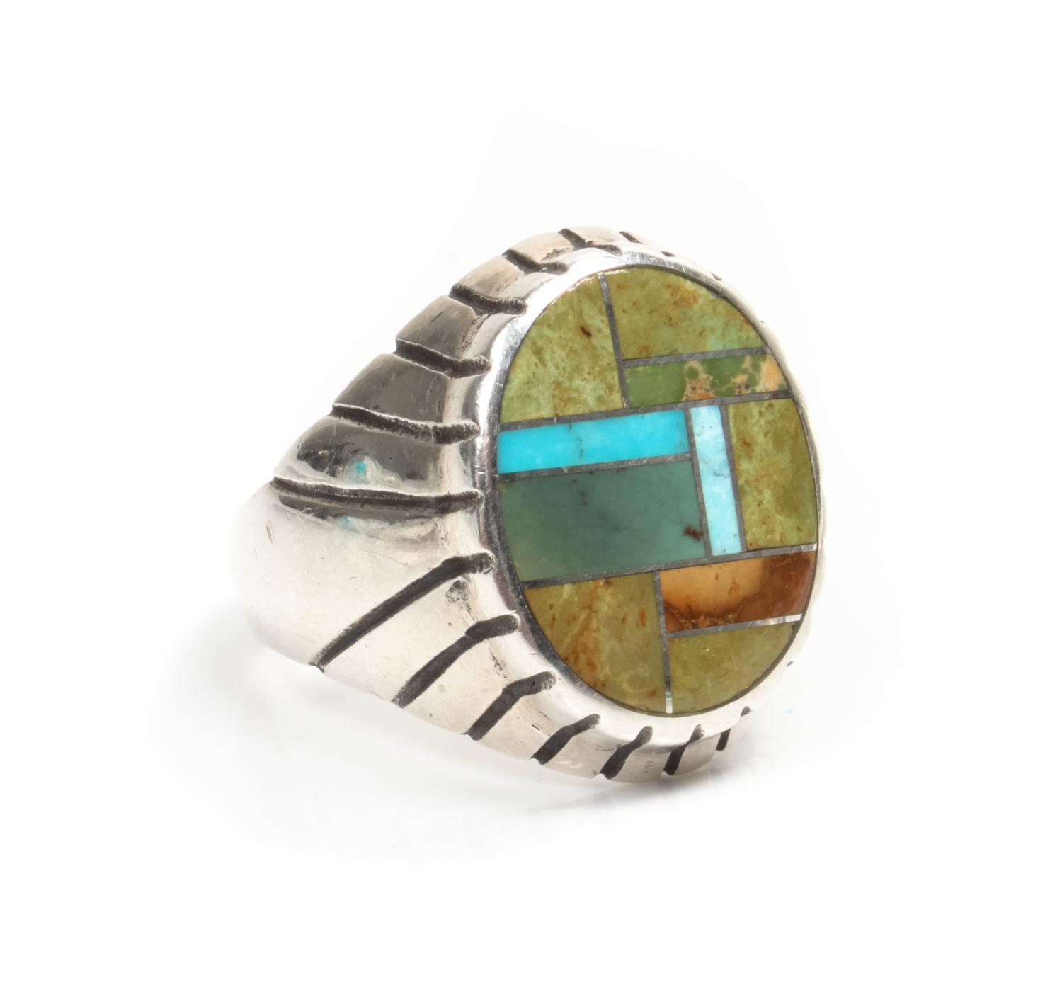 A Southwestern Style Silver and Multi-Stone Mosaic Ring Mosaic 3/4 x 5/8 inch.