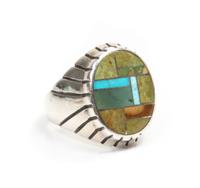 A Southwestern Style Silver and Multi-Stone Mosaic Ring Mosaic 3/4 x 5/8 inch.