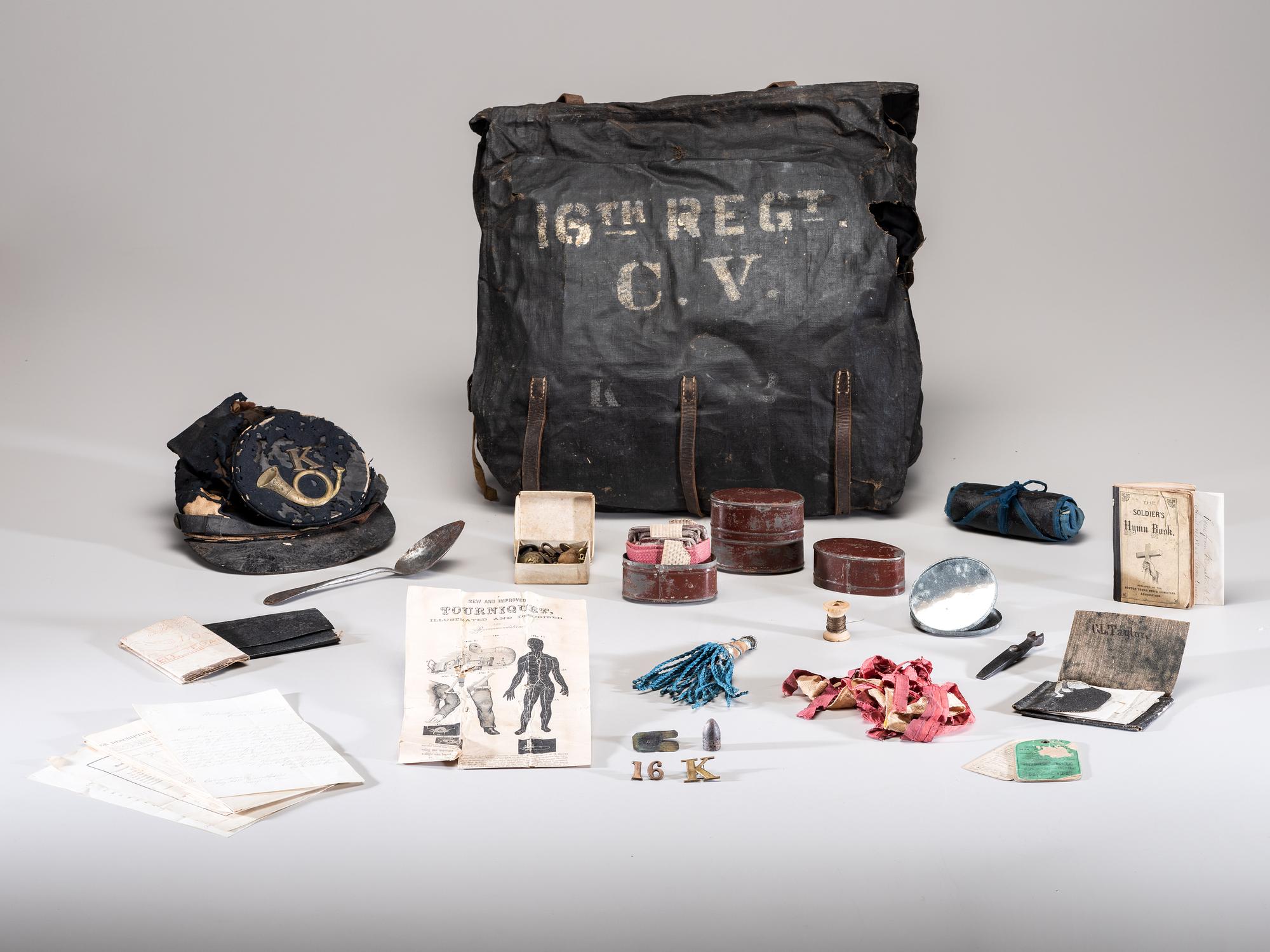 [CIVIL WAR]. Knapsack with contents carried by Private Charles L. Taylor, Company K, 16th Connecticut Volunteer Infantry.