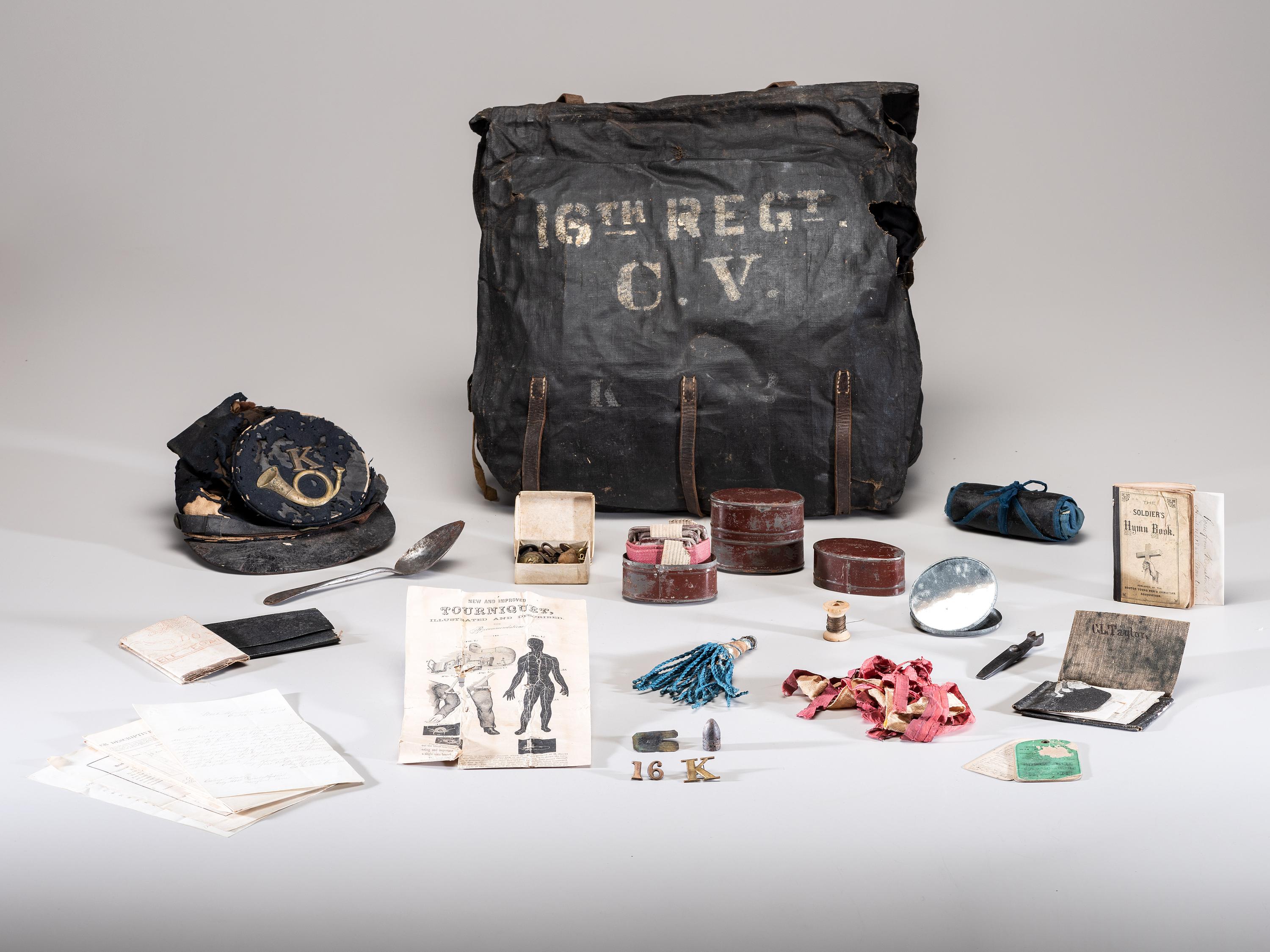[CIVIL WAR]. Knapsack with contents carried by Private Charles L. Taylor, Company K, 16th Connecticut Volunteer Infantry.