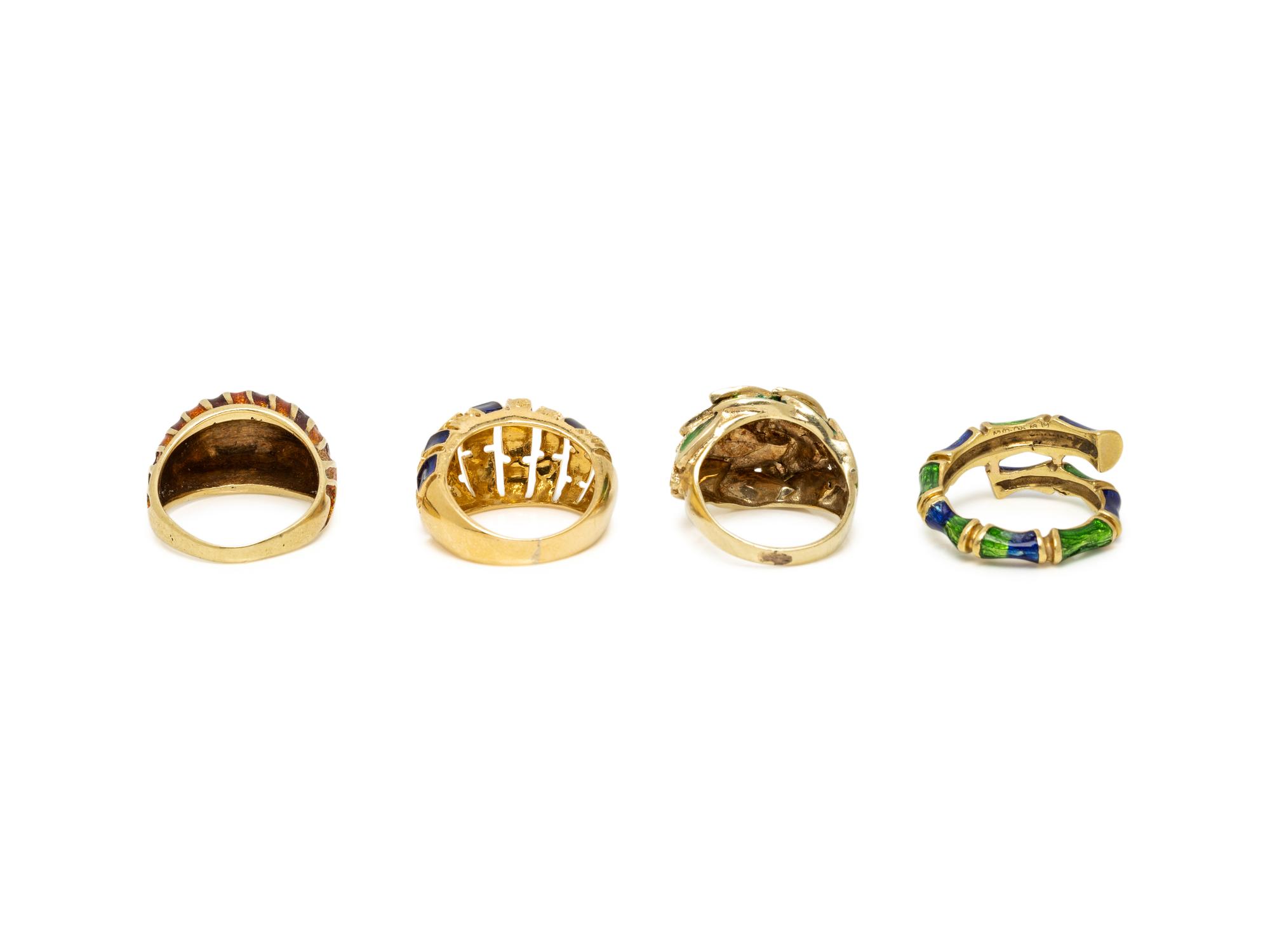 COLLECTION OF YELLOW GOLD AND ENAMEL RINGS