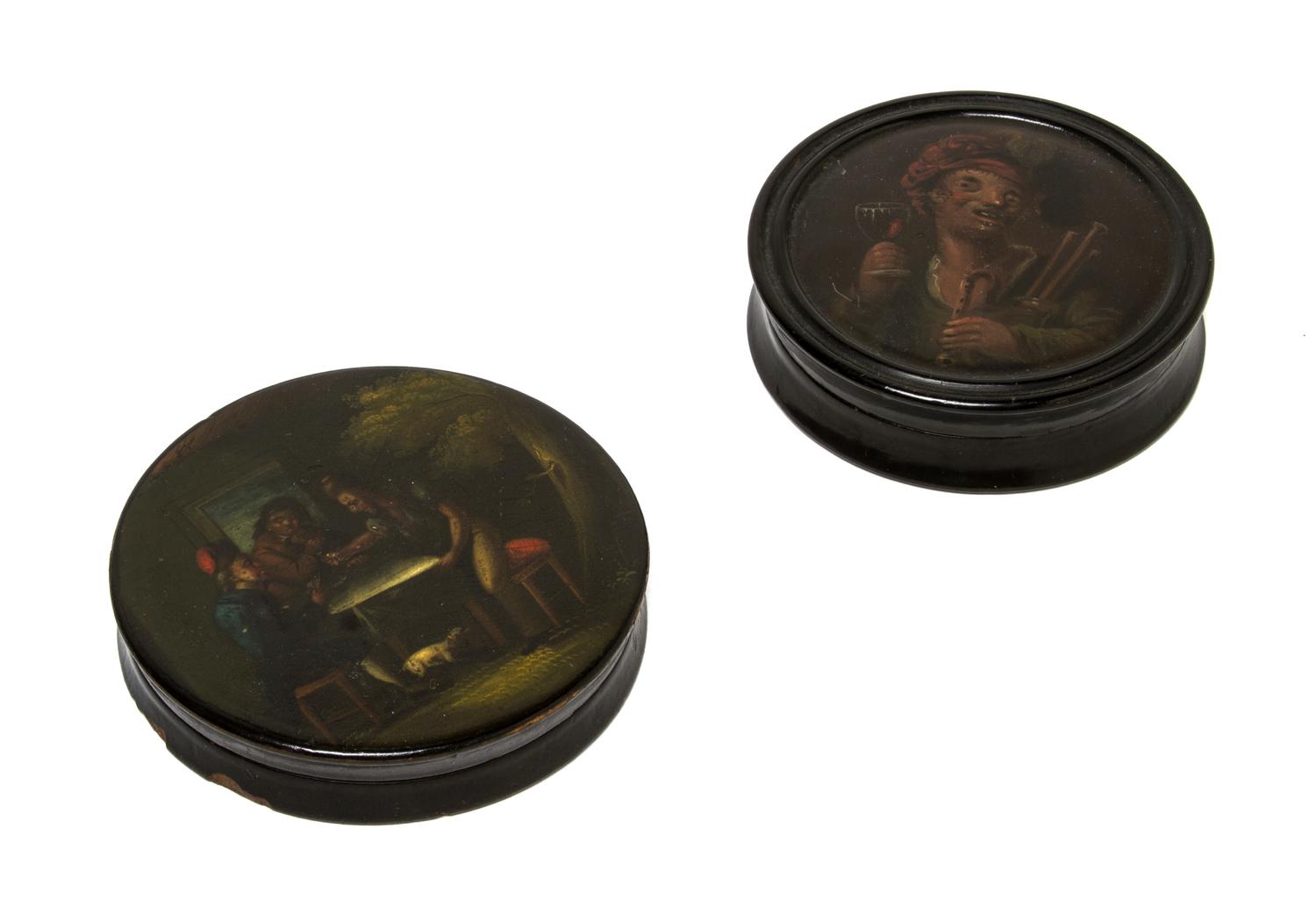 Two Continental Lacquered Papier Mache Snuff Boxes, Diameter of larger 3 3/4 inches.