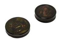 Two Continental Lacquered Papier Mache Snuff Boxes, Diameter of larger 3 3/4 inches.