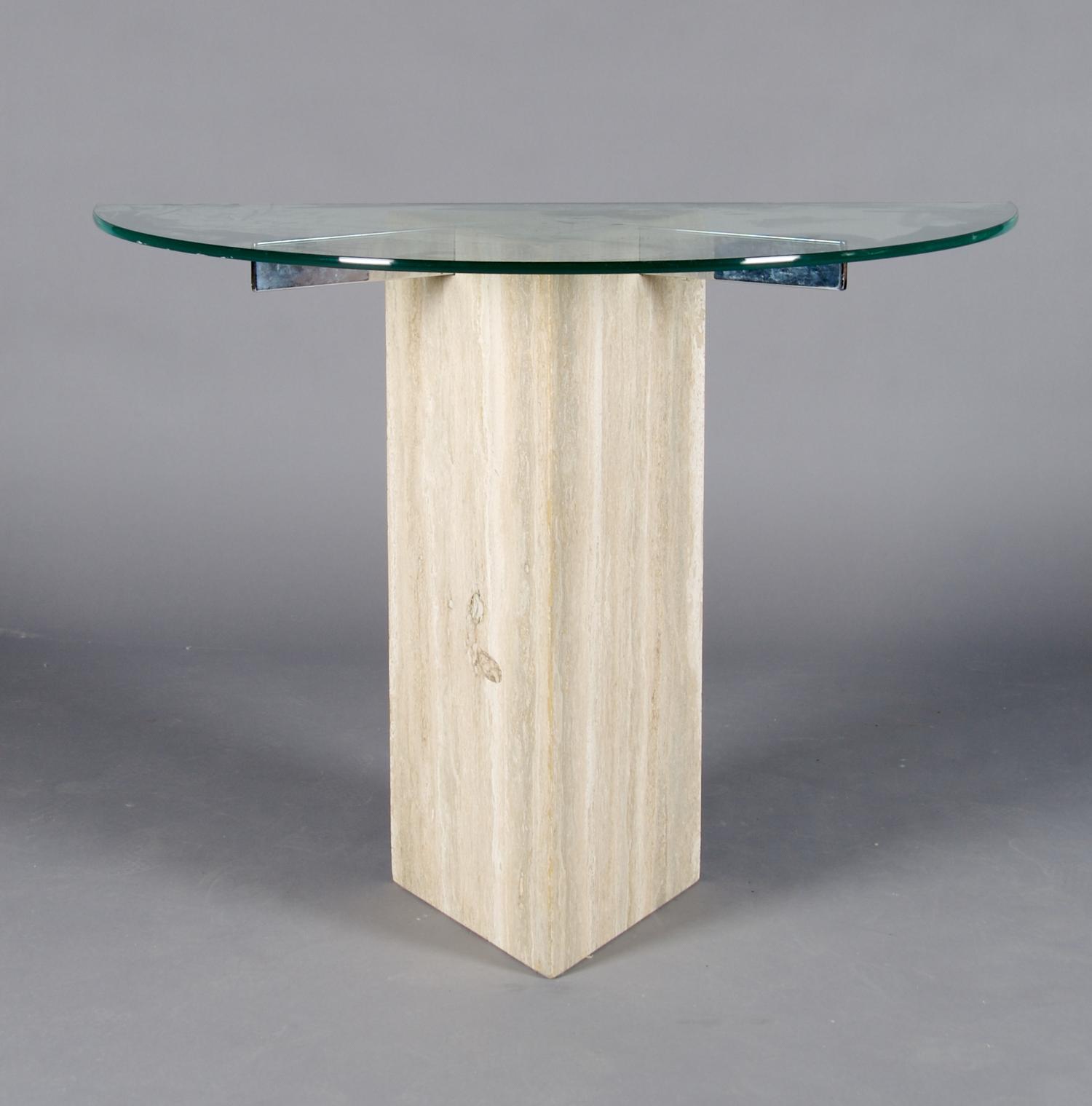A Travertine and Glass Console Table, Height 30 x width 40 x depth 19 3/4 inches.