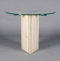A Travertine and Glass Console Table, Height 30 x width 40 x depth 19 3/4 inches.
