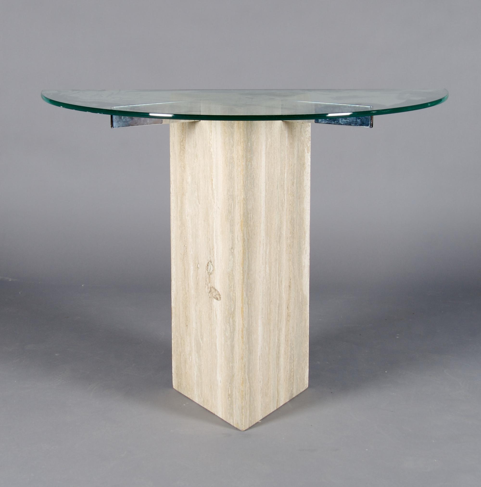A Travertine and Glass Console Table, Height 30 x width 40 x depth 19 3/4 inches.