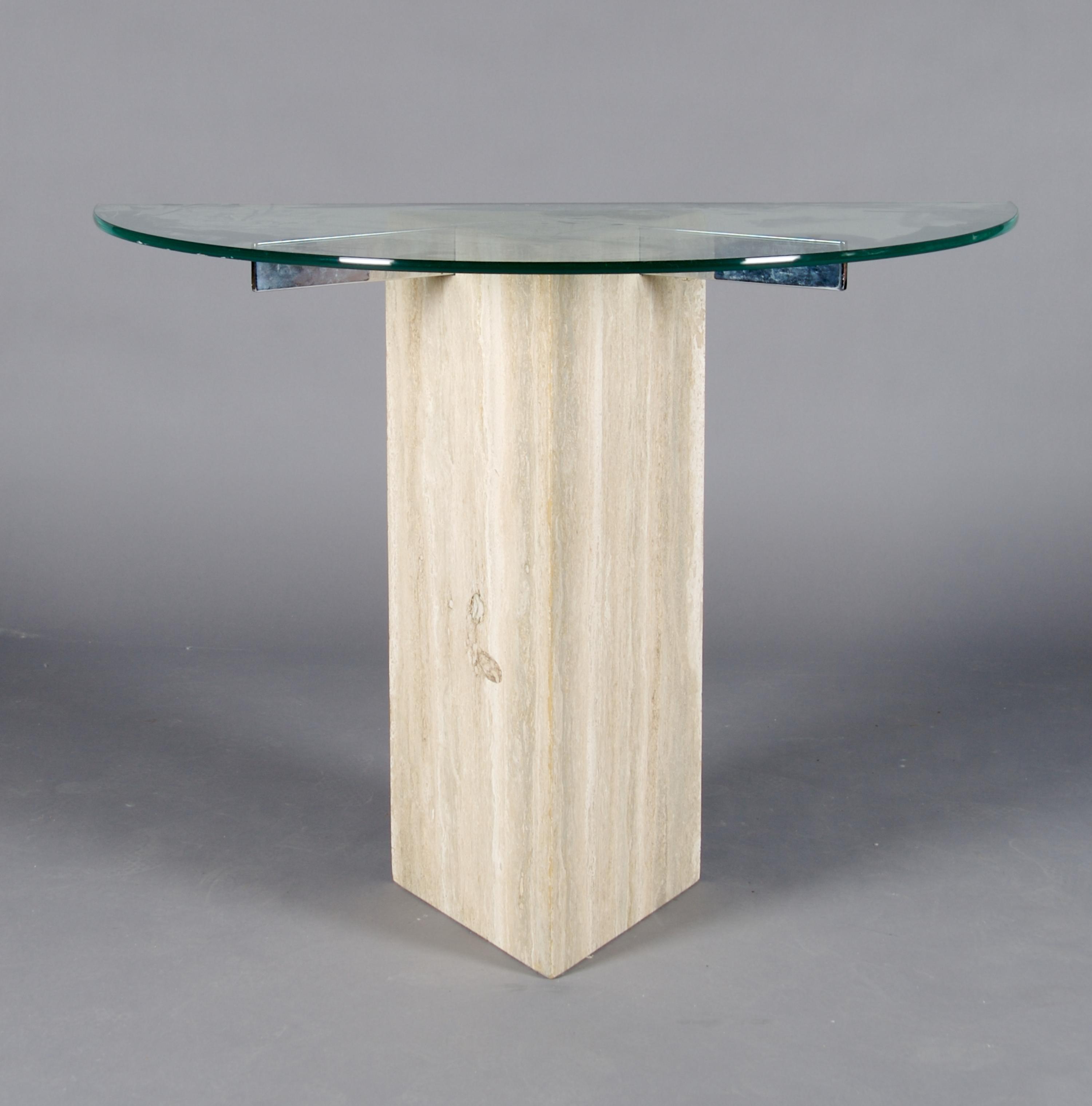 A Travertine and Glass Console Table, Height 30 x width 40 x depth 19 3/4 inches.