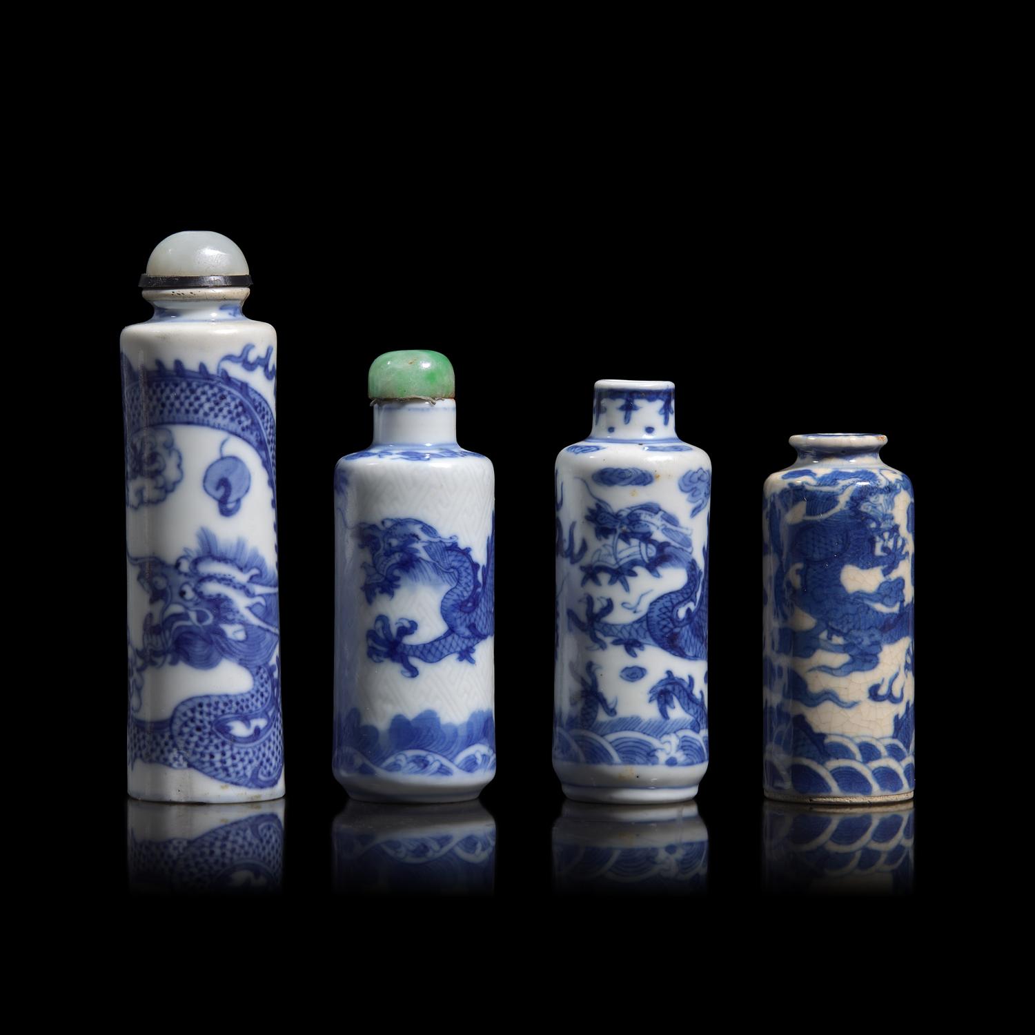 Four Chinese Blue and White Porcelain 'Dragon' Snuff Bottles, 19th Century