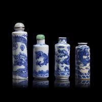 Four Chinese Blue and White Porcelain 'Dragon' Snuff Bottles, 19th Century
