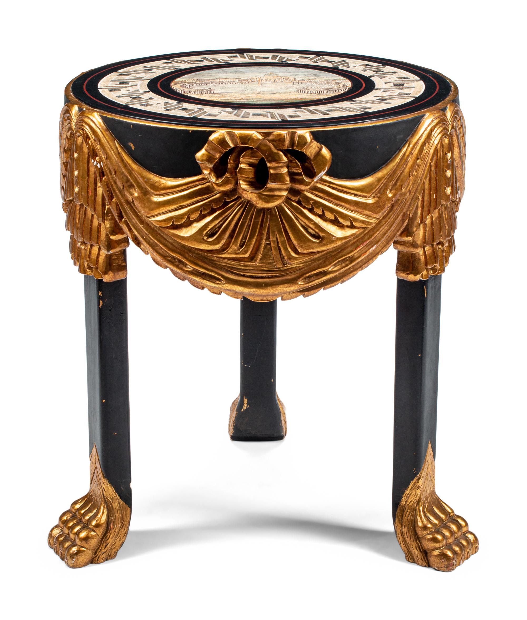 An Italian Painted and Parcel Gilt Micromosaic-Top Table