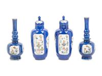 A Chinese Export Powder Blue Ground Famille Verte Porcelain Four-Piece Garniture