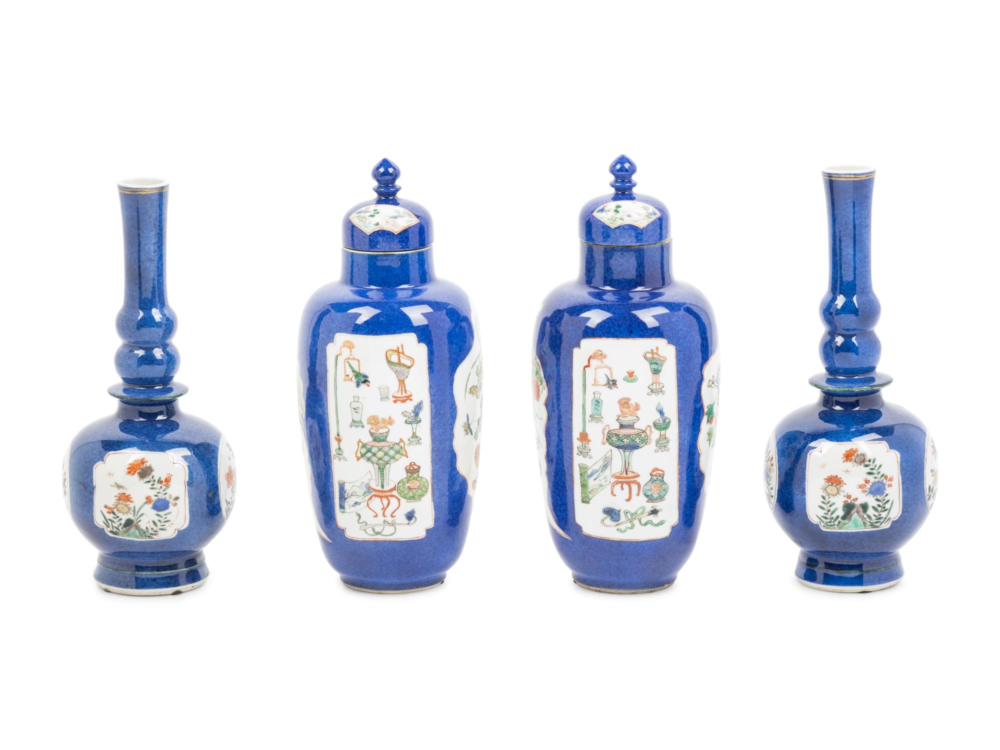 A Chinese Export Powder Blue Ground Famille Verte Porcelain Four-Piece Garniture
