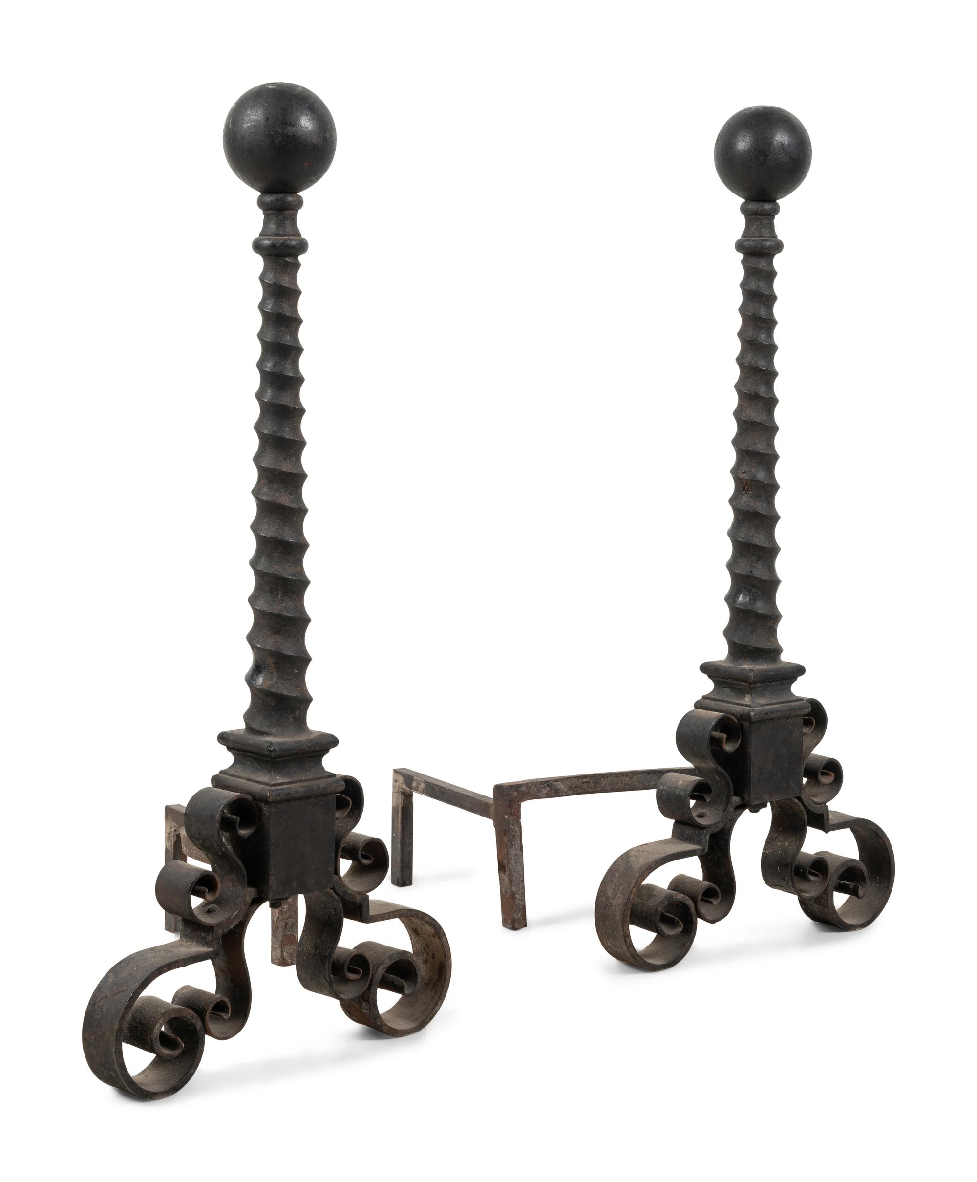 A Pair of Continental Iron Spiral-Twist Ball-Top Andirons