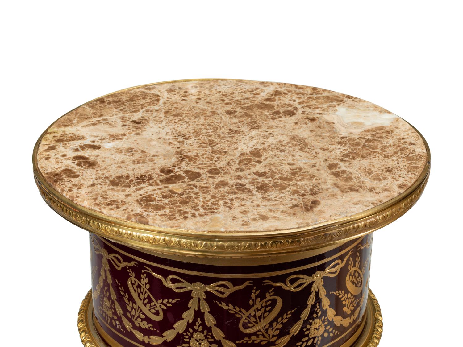 A Pair of Gilt Bronze Mounted Composition and Painted Metal Marble-Top Pedestals