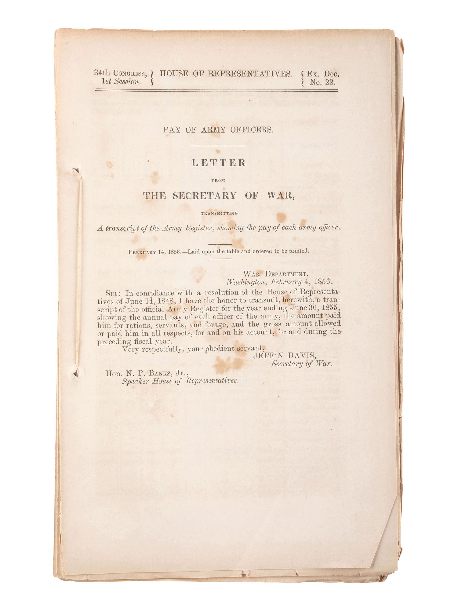 [CIVIL WAR]. The Confederate Statutes at Large. Richmond, VA: R.M. Smith, 1864. [ With :] Printed Letter from Secretary of War Jefferson Davis transmitting a transcript of the Army Register for 1856.